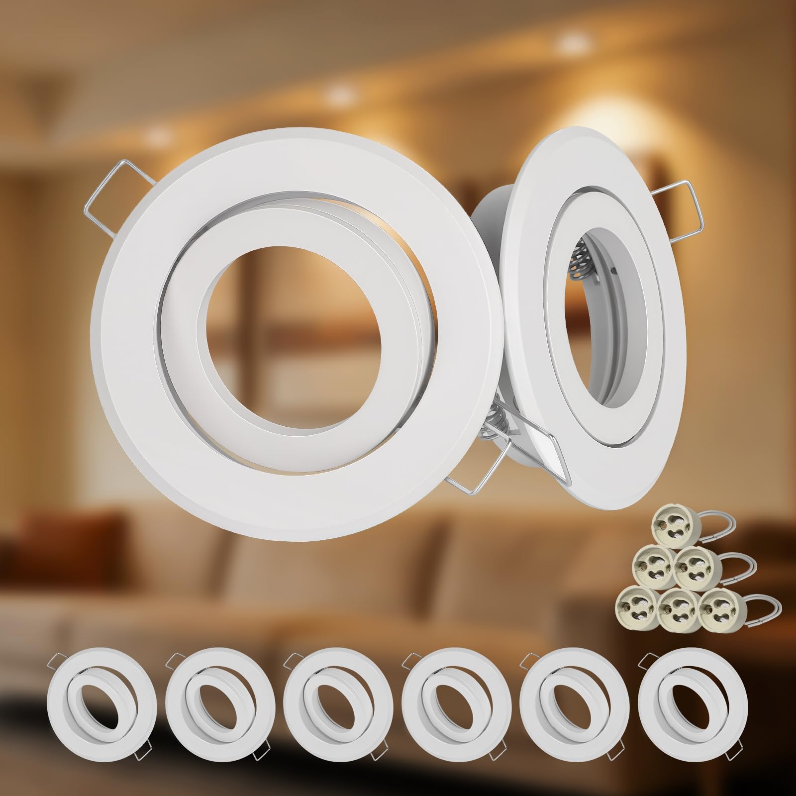 Dehobo Einbaustrahler GU10 Set, 6x Aluminium Einbaurahmen 68-80mm Loch mit GU10 Fassung, LED Spots 230V Flach Einbauleuchten Schwenkbar, Modern Einbauspots Rahmen Weiß für LED oder Halogen