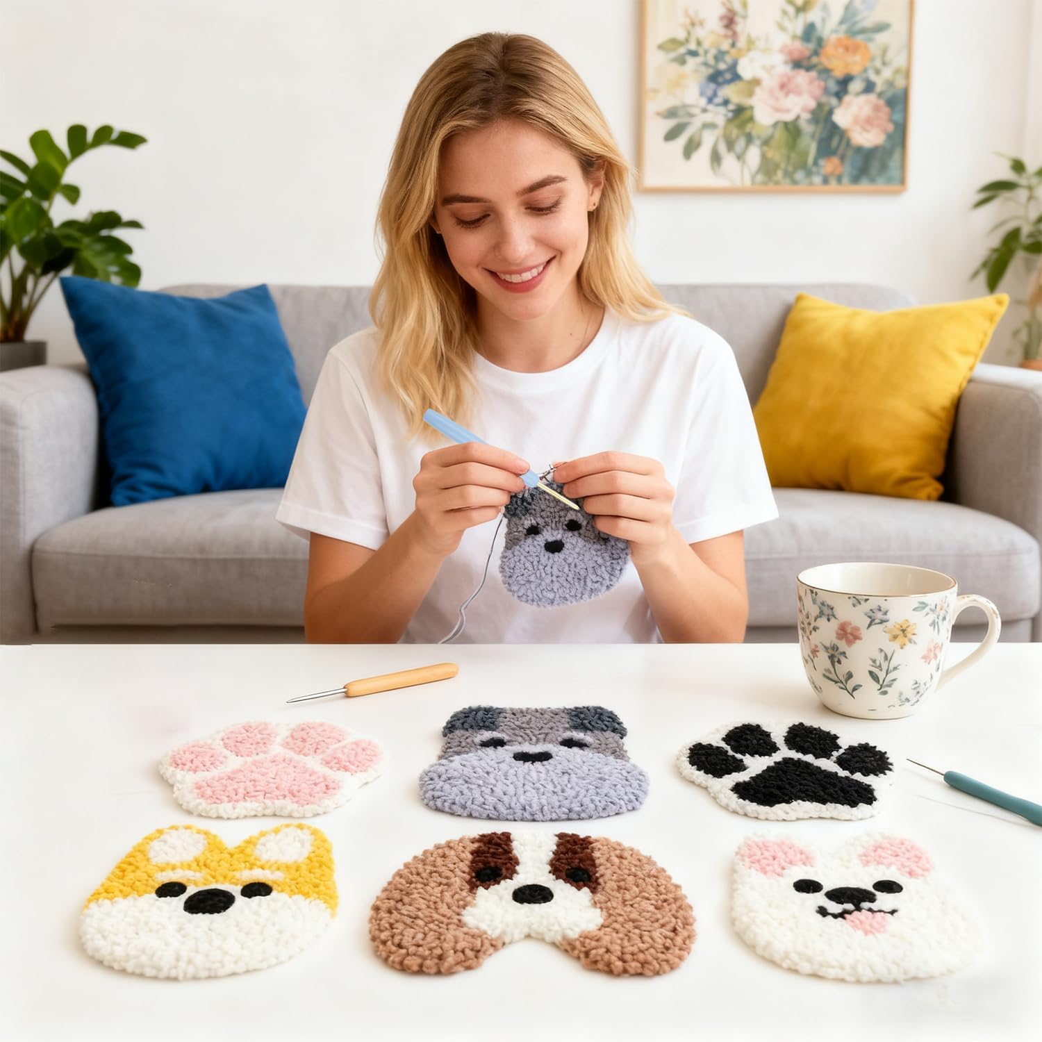 6 Pcs Punch Needle Coaster Kit for Adults Beginner, Dog Punch Needle Embroidery Kit with Yarns, Hoop, Threader, Felt Cloths, Instruction, DIY Coaster Making Supplies for Home Decor, Gift Making