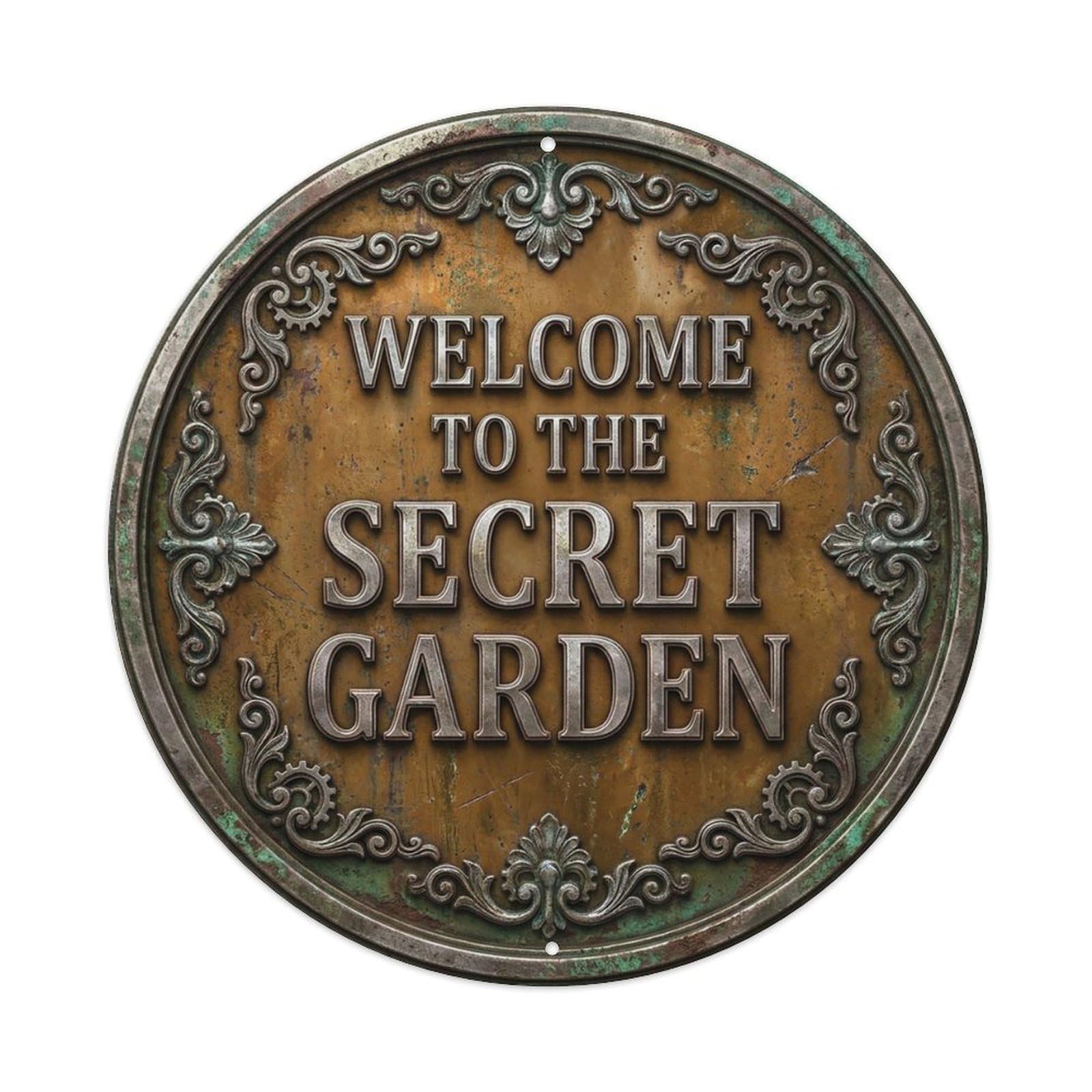 Vintage Welcome Secret Garden Silver Caramel Oxidized Metal Tin Sign