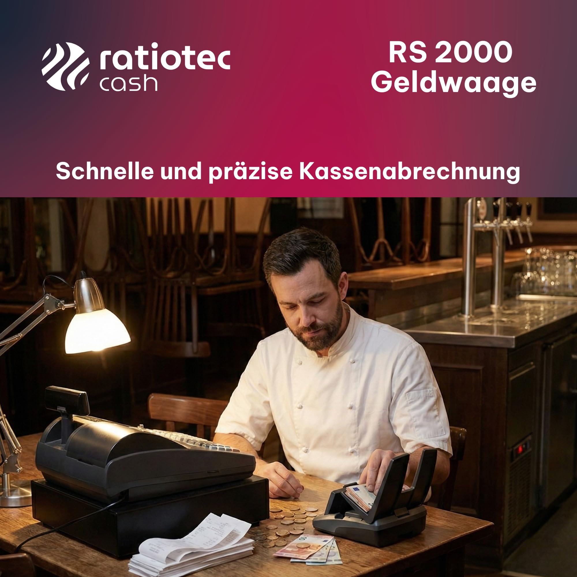 ratiotec RS 2000 Geldwaage - Geldzählmaschine für Scheine und Münzen - Münzzähler mit dynamischer Wiegefunktion - Kassenabrechnung in unter 2 Min. - Made in Germany