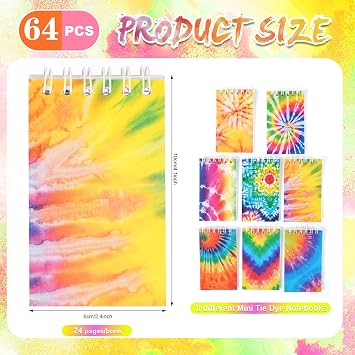 OZIO 64PCS Mini Tie Dye Notepads Multicolor Style Pocket Notebooks, Spiral Mini Notebook Pastel Art Party Small Notepad for Tie Dye Birthday Party Favors, 8 Styles(64)