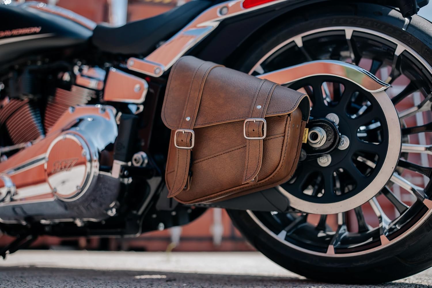Willie & Max Warm Brown Synthetic Leather Motorcycle Swingarm Bag for Softail/Triangulated | Handcrafted- Made in the USA- UV & water-resistant, Maintenance Free Synthetic Leather [59774-00]