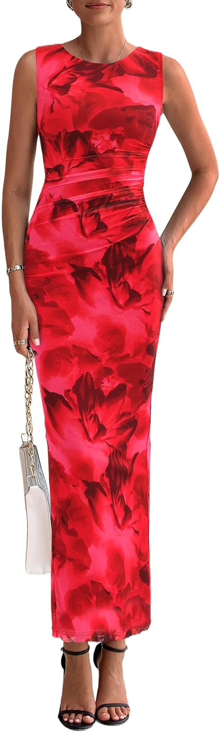 PRETTYGARDEN Womens Summer Wedding Guest Dress 2026 Spring Mesh Sleeveless Bodycon Ruched Floral Holiday Maxi Long Dresses - Image 7