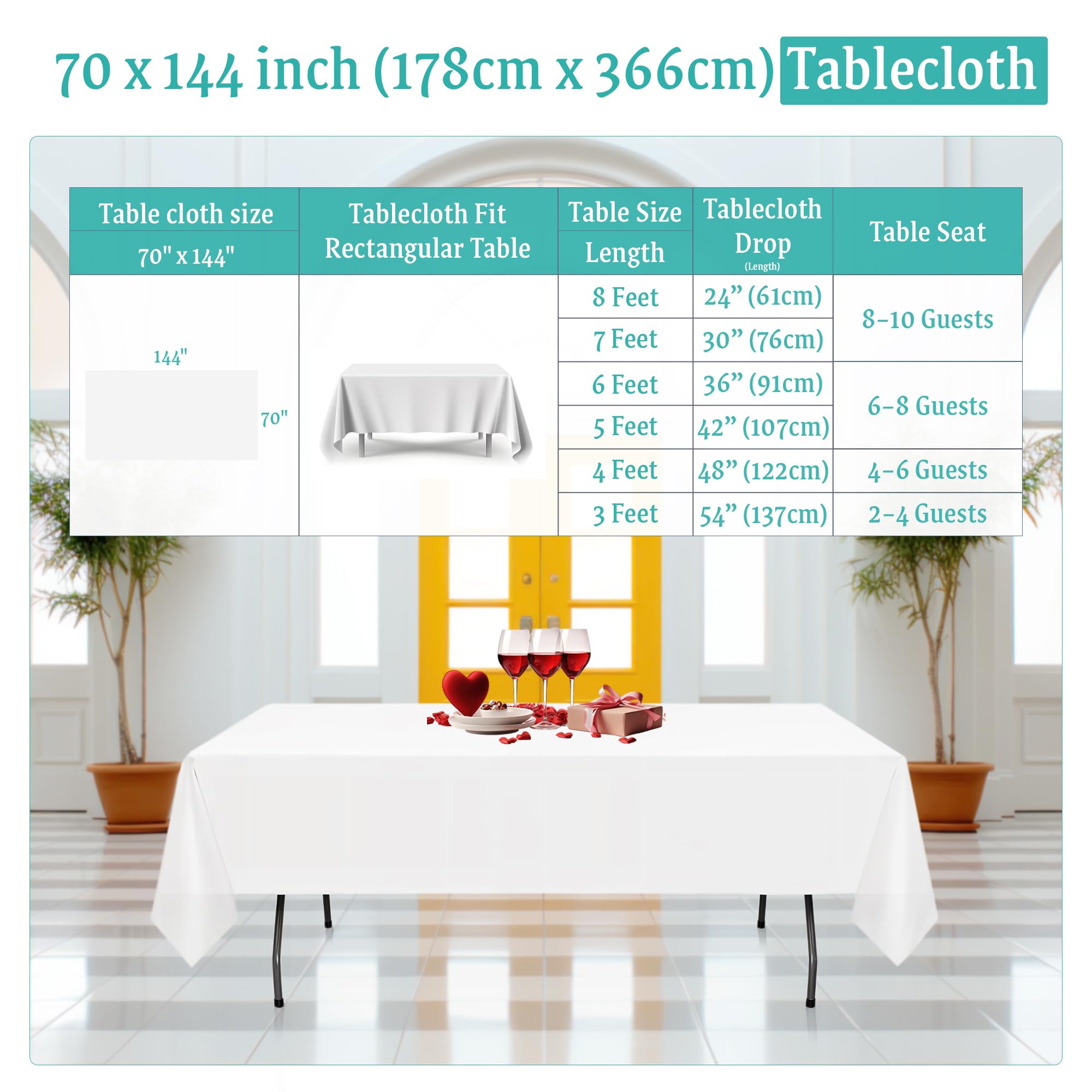 Trimming Shop Mantel Rectangular de poliéster Blanco, 70 x 144 Pulgadas, Mantel de Lino, Mantel de Tela, 5 Piezas