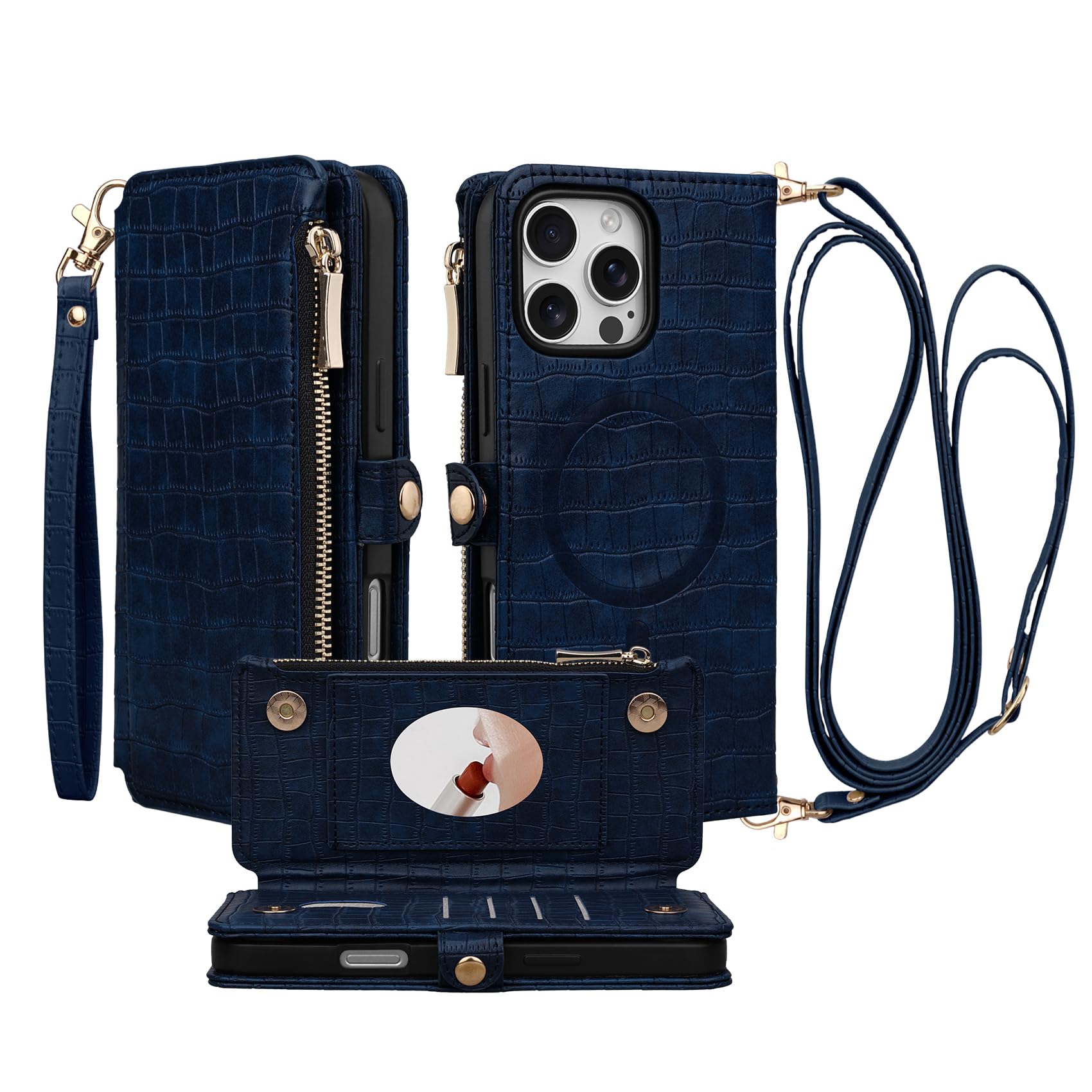 Stylivolve Crossbody Wallet Case for iPhone 16 Pro Max with Mirror, Wrist Strap, Zipper Purse Magnetic Flip RFID Blocking Card Holder, Wireless