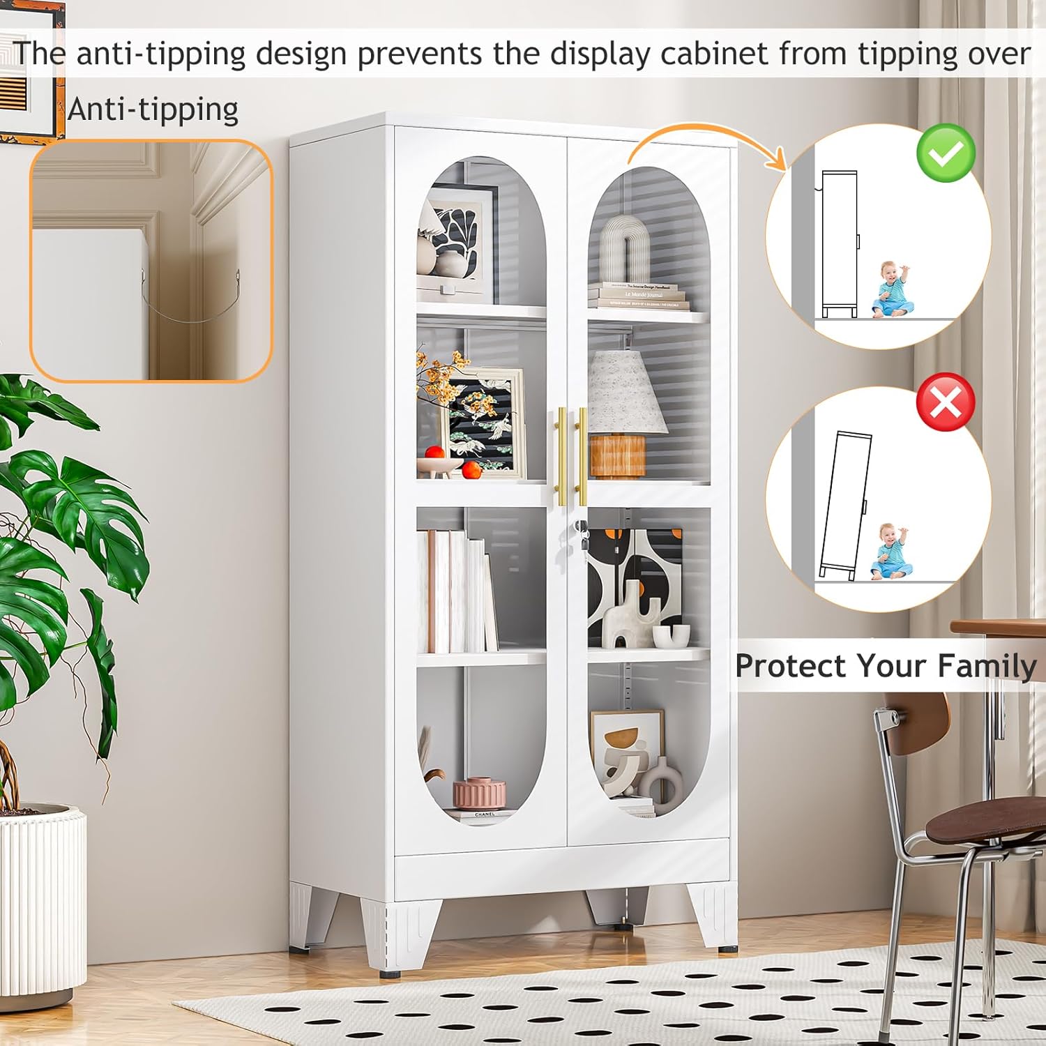 61" H Locking Display Cabinet with Glass Door, Tall Storage Cabinet with 3 Adjustable Shelves, Metal Curio Cabinet Multi-Purpose Display Case for Collectibles Living Room/Bedroom/Kitchen/Bar