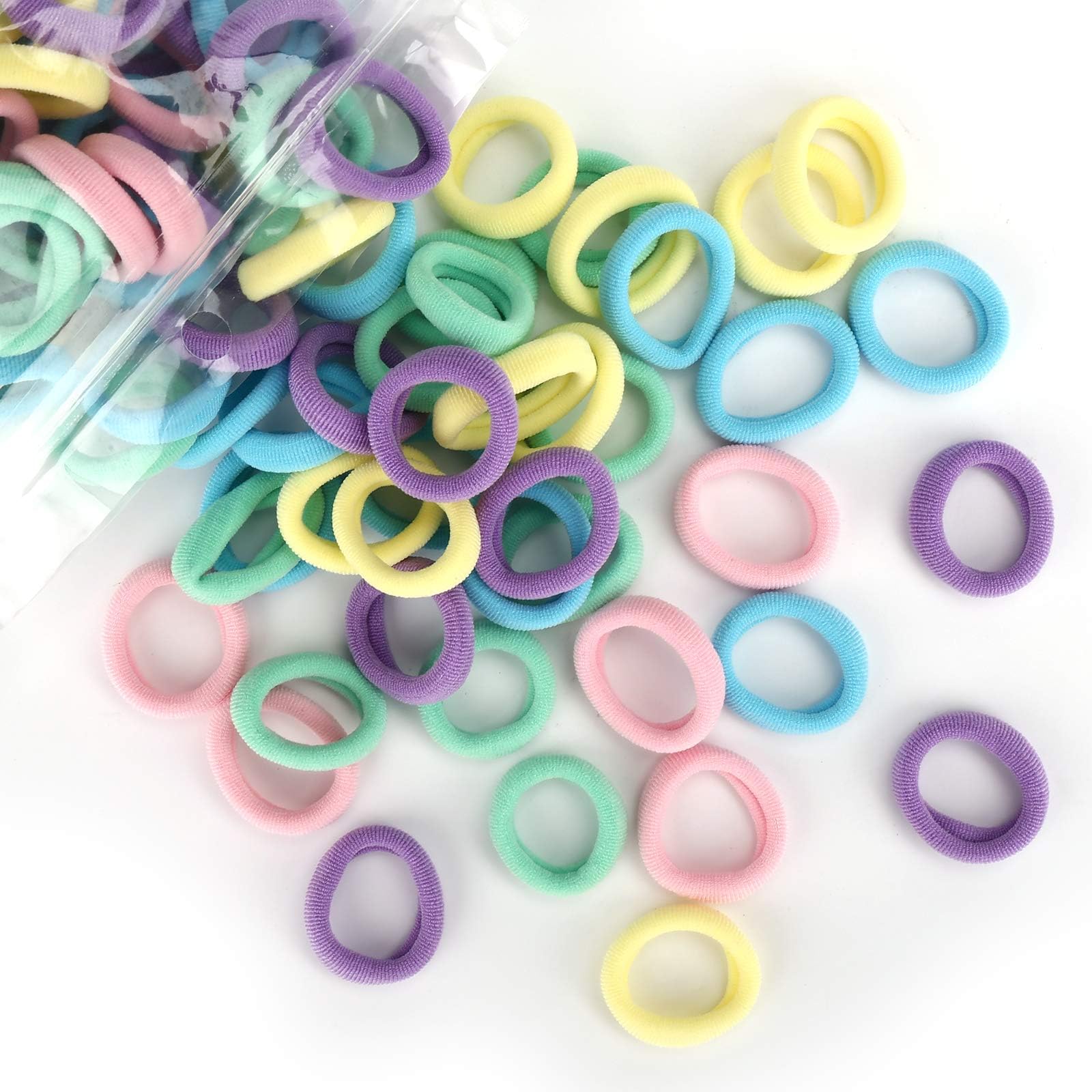 BAOLI 100PCS Cotton Toddler Hair Ties – Soft Baby Hair Bands Elastics Ponytail Holders -Mini Seamless Toddler Hair Bands for Kids Toddlers Girls, 1 Inch in Diameter, 5 Colors,