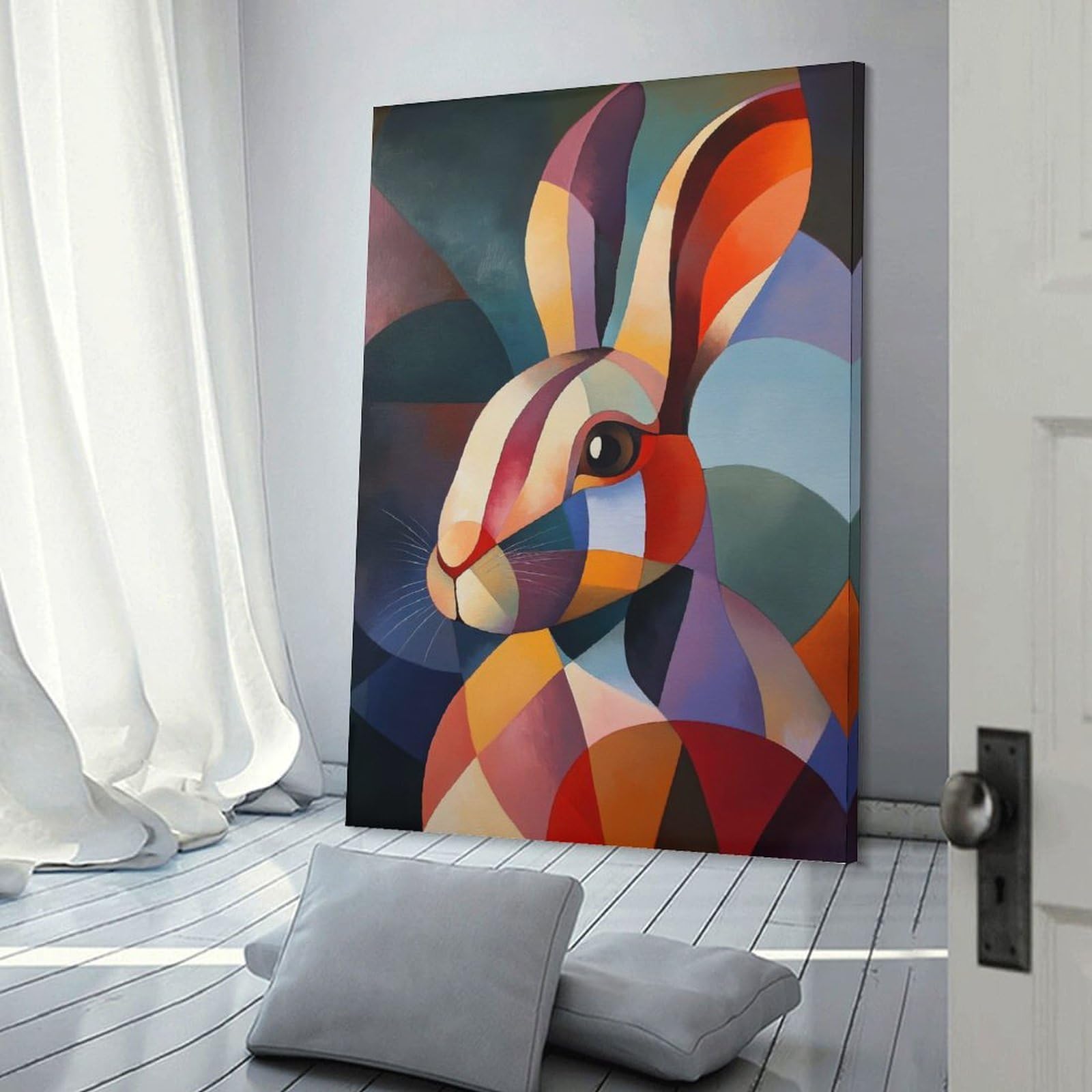Junmoney Geometric Rabbit Painting Decorative Canvas Print, 08x12inch(20x30cm), for Gallery Wall Decor And Room Displays, Wall Decor Suited to Curated Displays