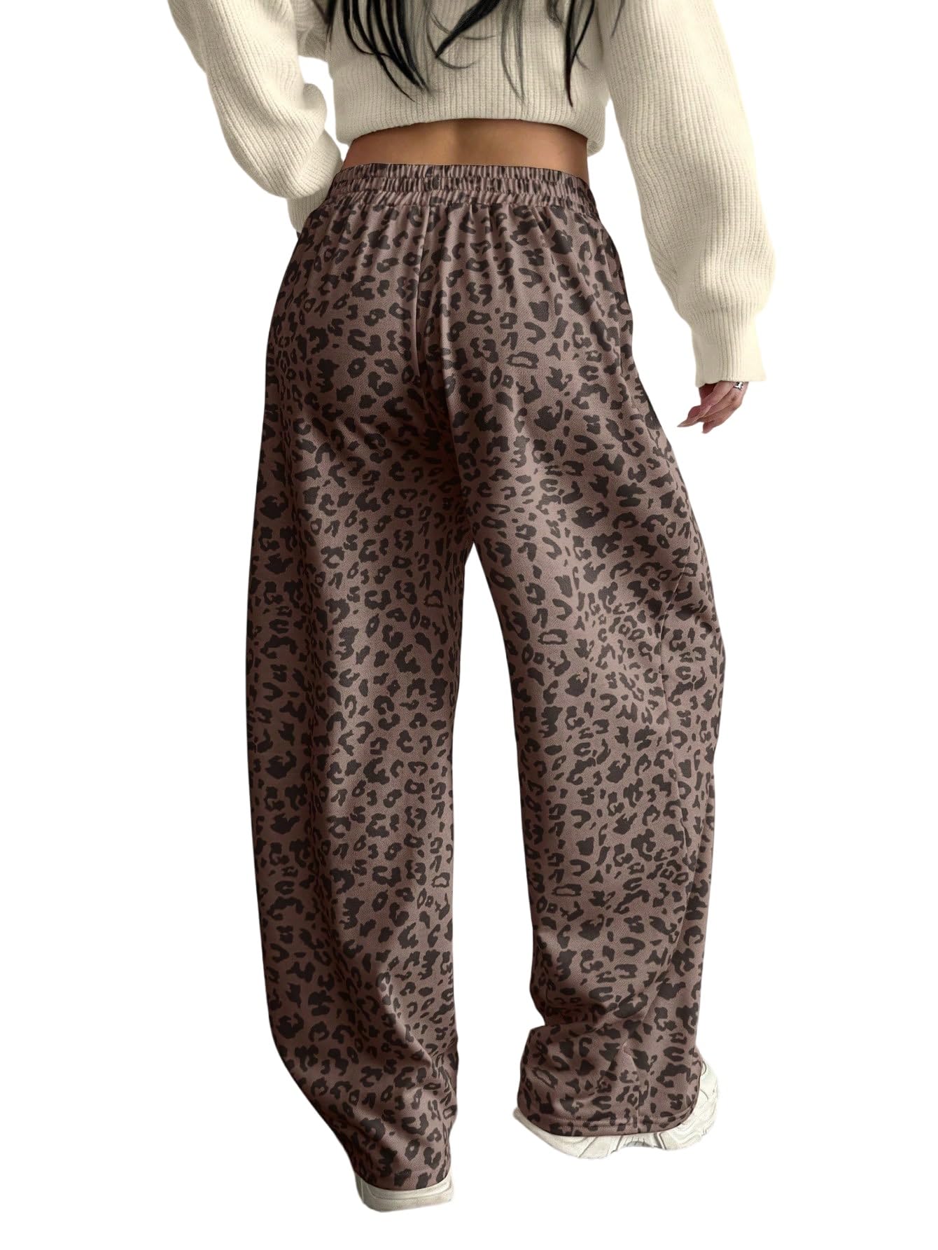 GORGLITTER Damen Leopardmuster Hosen Y2K Weite Hose Freizeithose mit Elastikbund Jogginghose mit Tasche Streetwear Sweatpants Herbst Casualhose