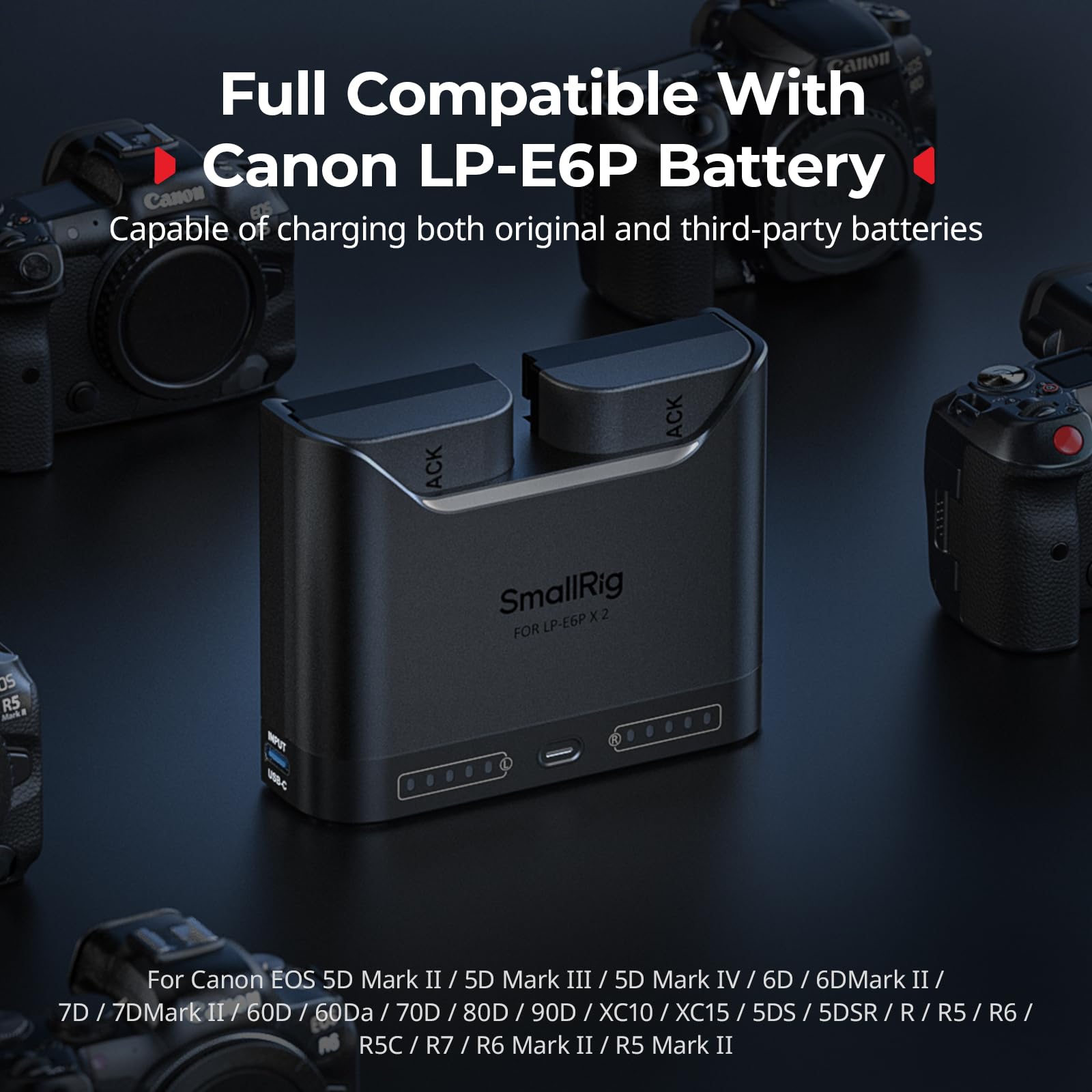 SMALLRIG LP-E6P LP-E6NH LP-E6N LP-E6 Chargeur de Batterie pour Canon, Chargeur Double avec Port USB-C 22,5 W, Autonomie de 2 h, pour Canon EOS R5 Mark II, R6 Mark II, R5, R6, R7, 5D Mark II - 5490