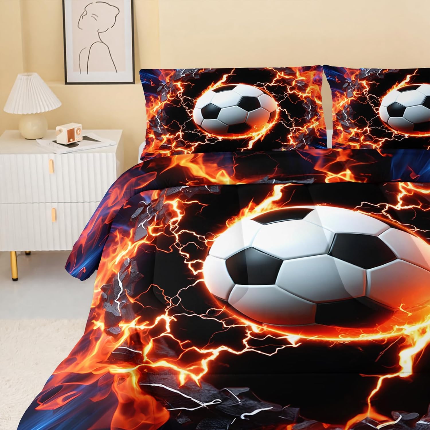 QOOMO Flame Soccer Kids Twin Comforter Set 3Pcs Lightning Football Bedding Set for Girls Boys Sports Ball Game Printed Comforter with 2 Pillowcases Lightweight Microfiber for All Seasons