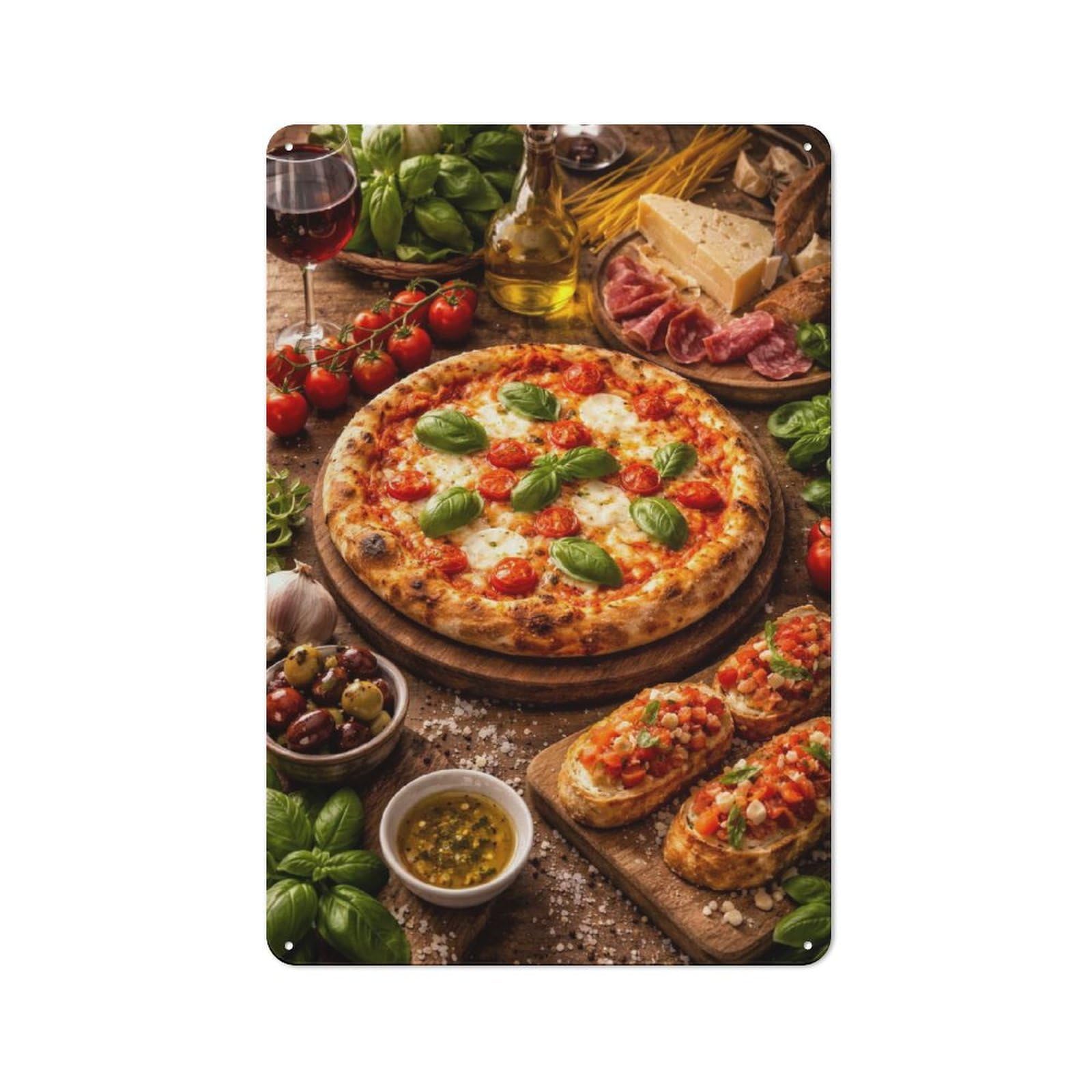 Junmoney Style-6 Metal Plaque With Italian Feast With Pizza And Bruschetta Design 30X20cm, Retro Kitchen Wall Decor For Bakery, Diner, Cafe Or Family Room