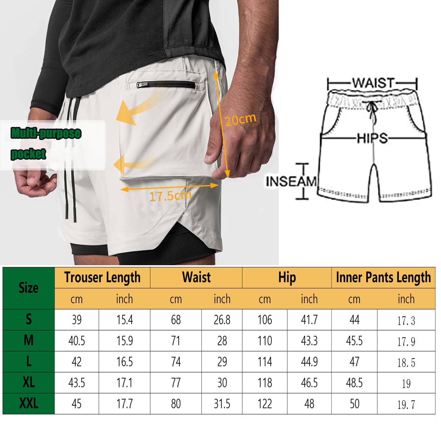 Pantalón Corto 2 en 1 Hombre Running Bolsillo Teléfono Secado Rápido Malla Cordón