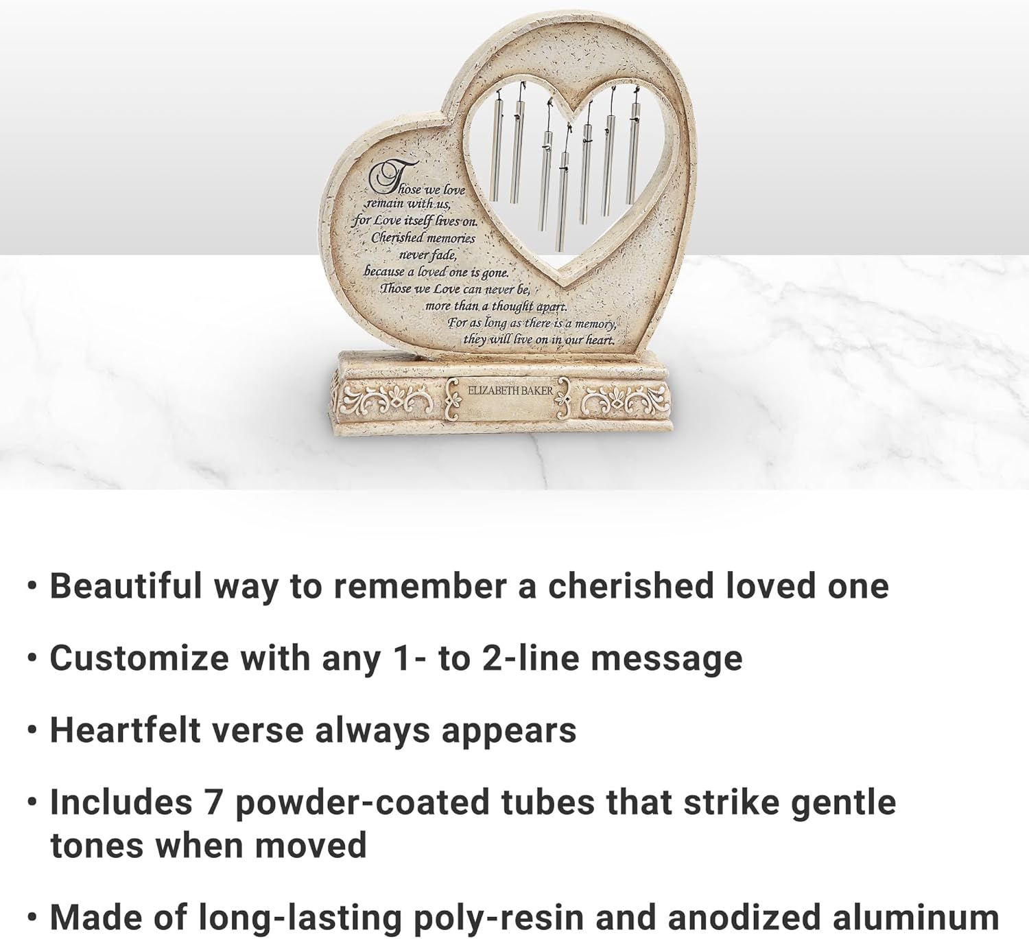 Let's Make Memories Personalized Tabletop Memorial Chime - Condolences - Sympathy - Made of Resin - Heart Cutout - Live On in Our Heart