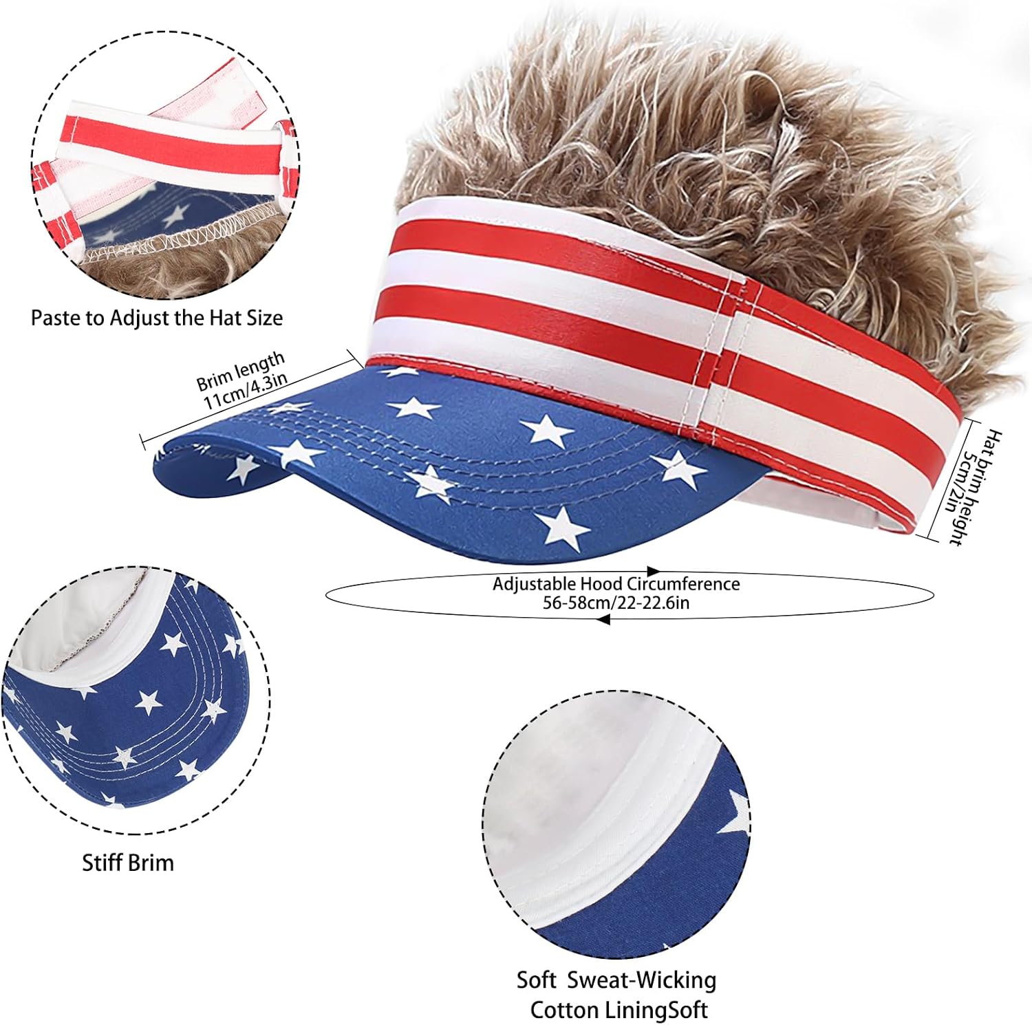 Mens Visor Hats with Spiked Wig Novelty Adjustable Baseball Golf Cap with Fake Hair - Image 7