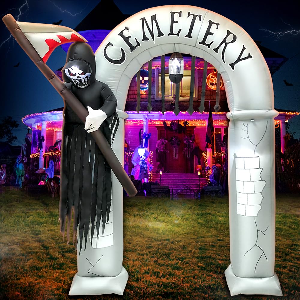 2,4 m Halloween-aufblasbare Torbogen-Dekoration mit LED-Licht, gruselig, gruselig, Halloween-aufblasbar, Sensenmann, Outdoor-Dekorationen, aufblasbares Spielzeug für Halloween, Urlaub, Party, Rasen