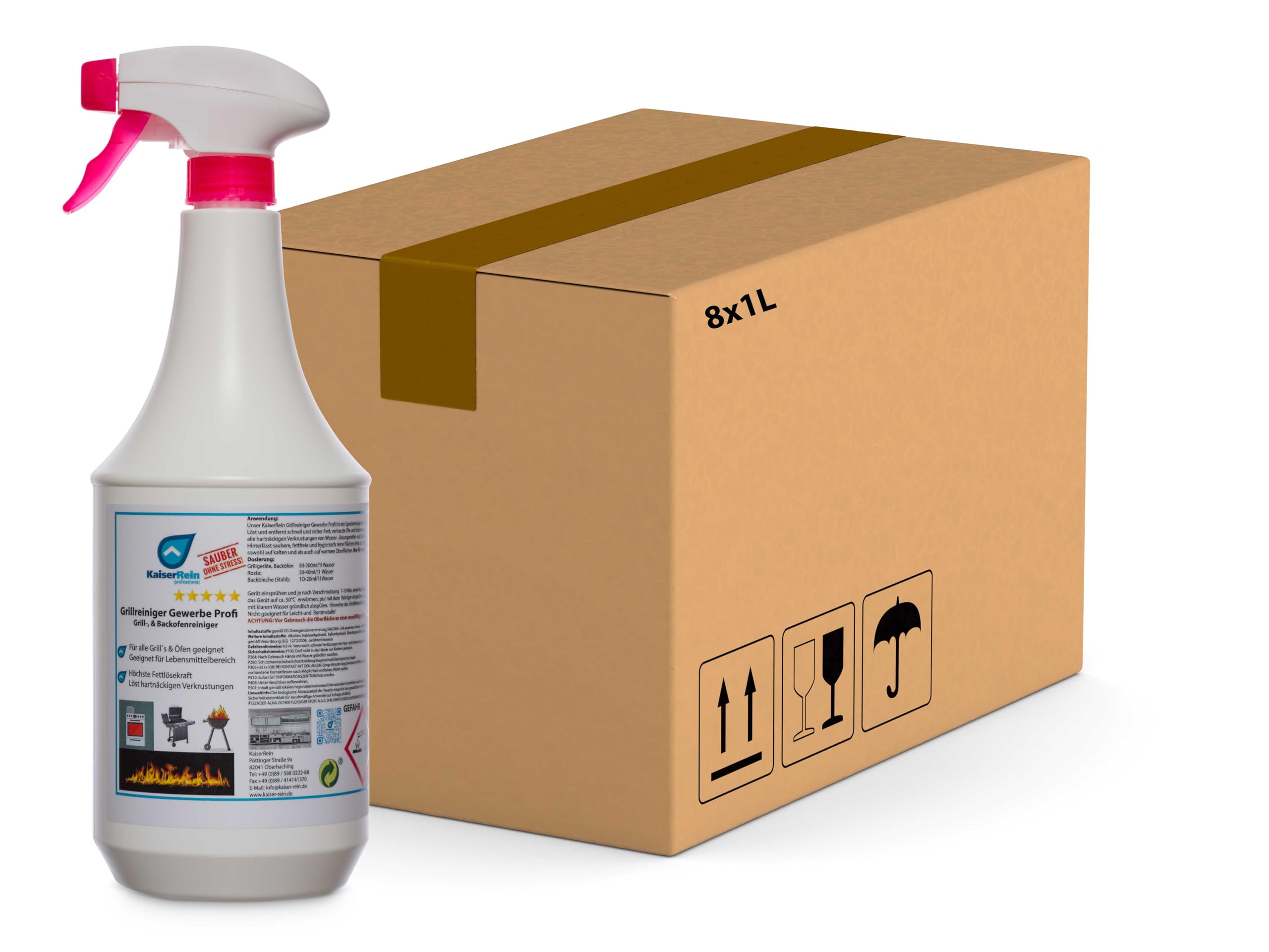 KaiserRein Grillreiniger Gewerbe Profi Grill-, & Backofenreiniger Spray 8x1L Extra starker Fettlöser für Grill und Ofen I Grillrost Reiniger für Gasgrill I Backofen Reiniger