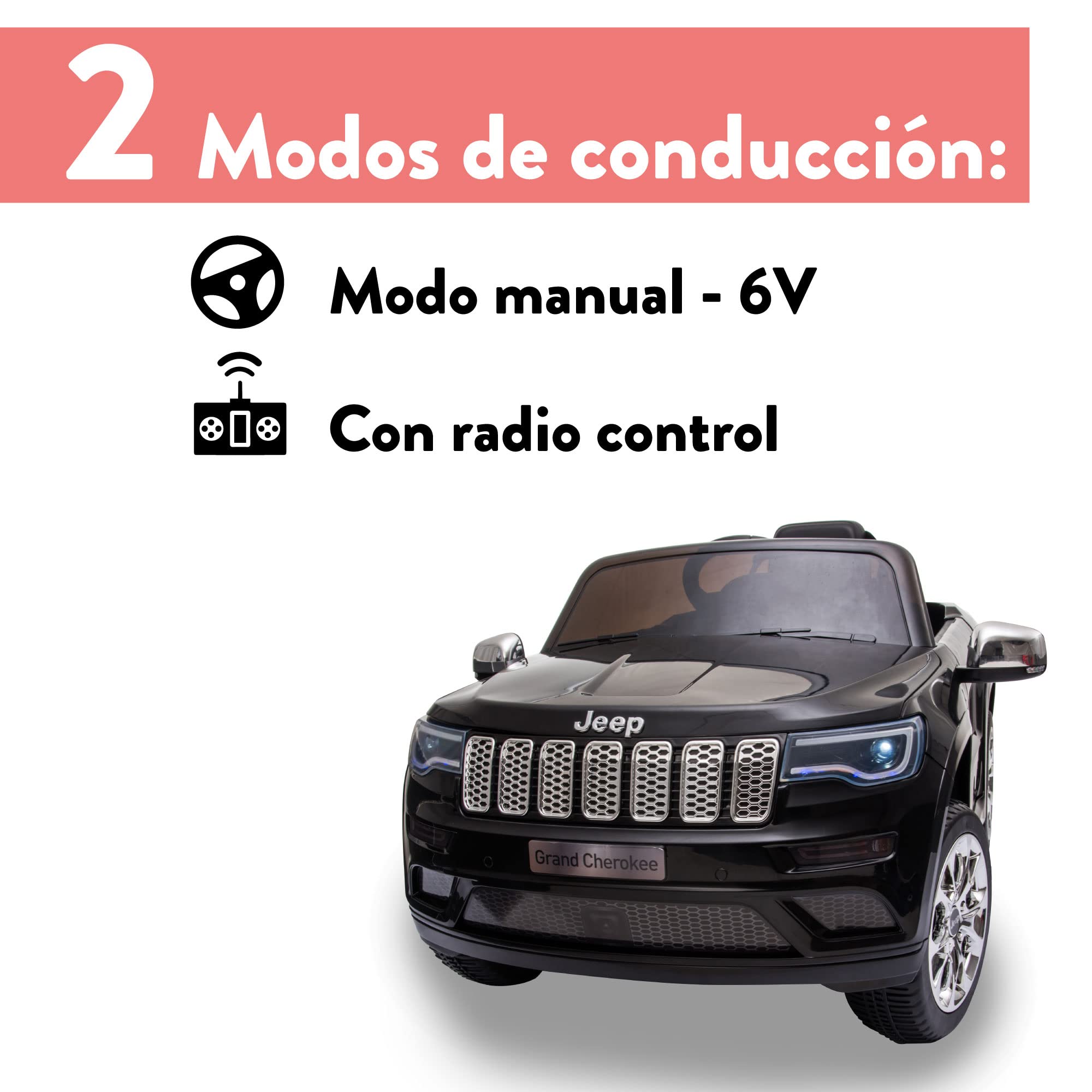 FEBER Jeep Cherokee Black 12V R/C, Auto elettrica, 1 posto, radiocomando: Fari con luce, 2 marce, acceleratore e freno elettrico, da 3 a 8 anni, Famosa (800013449)