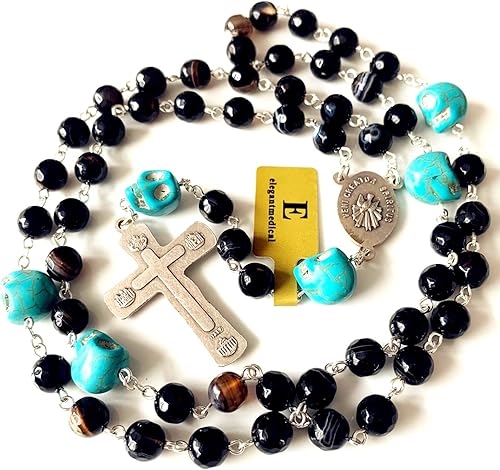 Miniatura 3 de elegantmedical Collar de regalo católico hecho a mano con cuentas de calaveras y ágata negra, rosario, cruz, crucifijo católico, regalo para hombre
