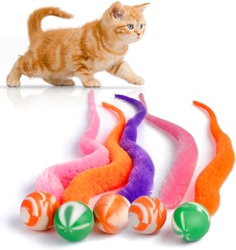Bouncy Ball with Tail Cat Toys,5 Packs Magic Worm with Large Colorful Ball Toy for Cats,Fuzzy Worm Bouncy Balls Cat Toy