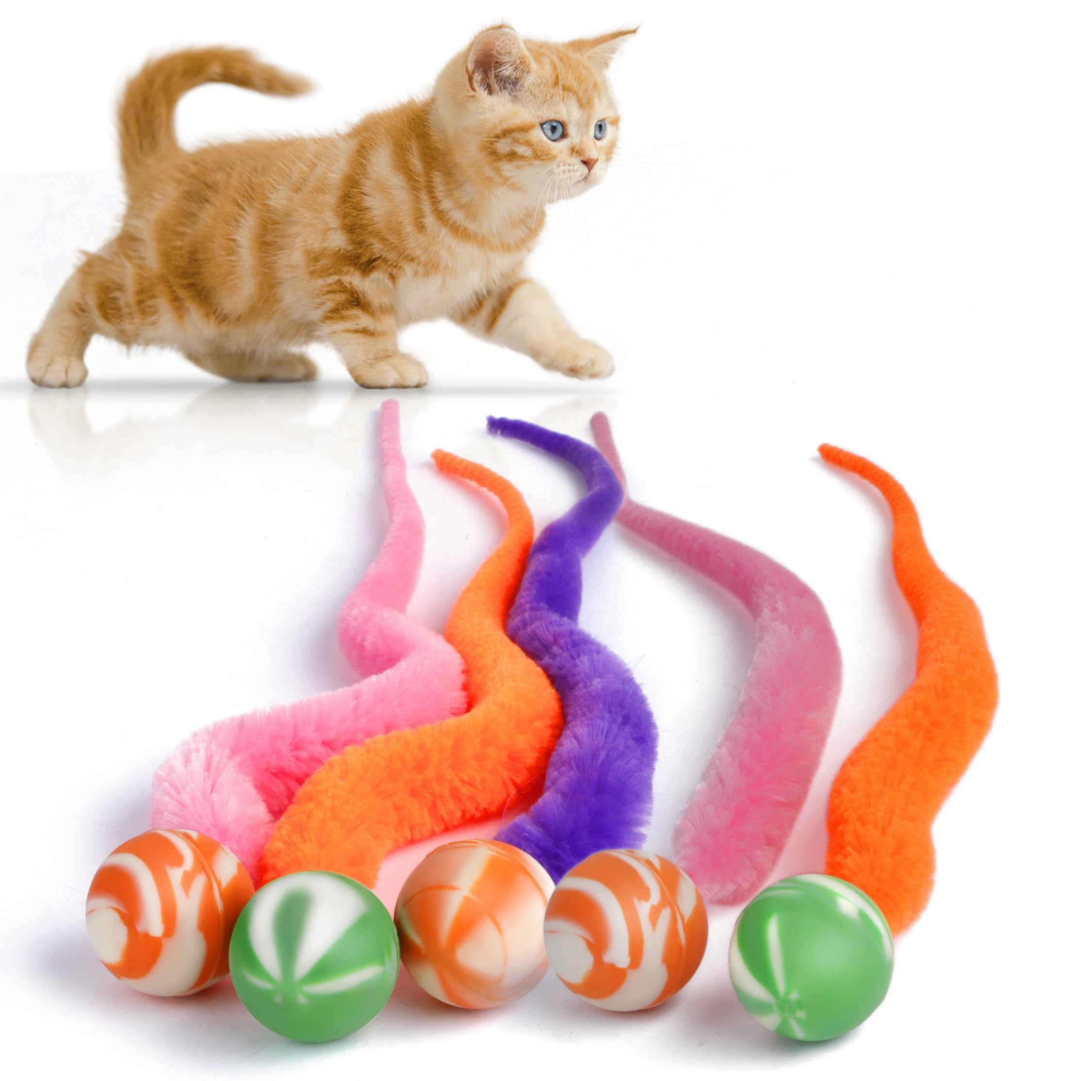 Pelota hinchable con cola para gatos, 5 paquetes de gusanos mágicos con juguete de bola grande y colorida para gatos, bolas rebotantes de gusano peludo, juguete para gatos