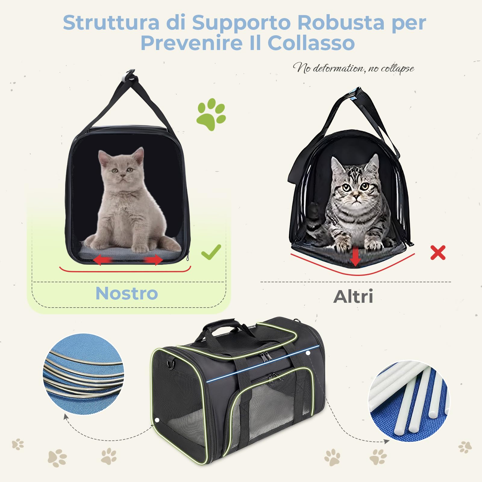 Borsa per gatti traspirante, pieghevole, adatta per gatti di piccole e medie dimensioni e cani sotto i 15 lb(6,8 kg), aperture multiple nella parte superiore (Nero, L)