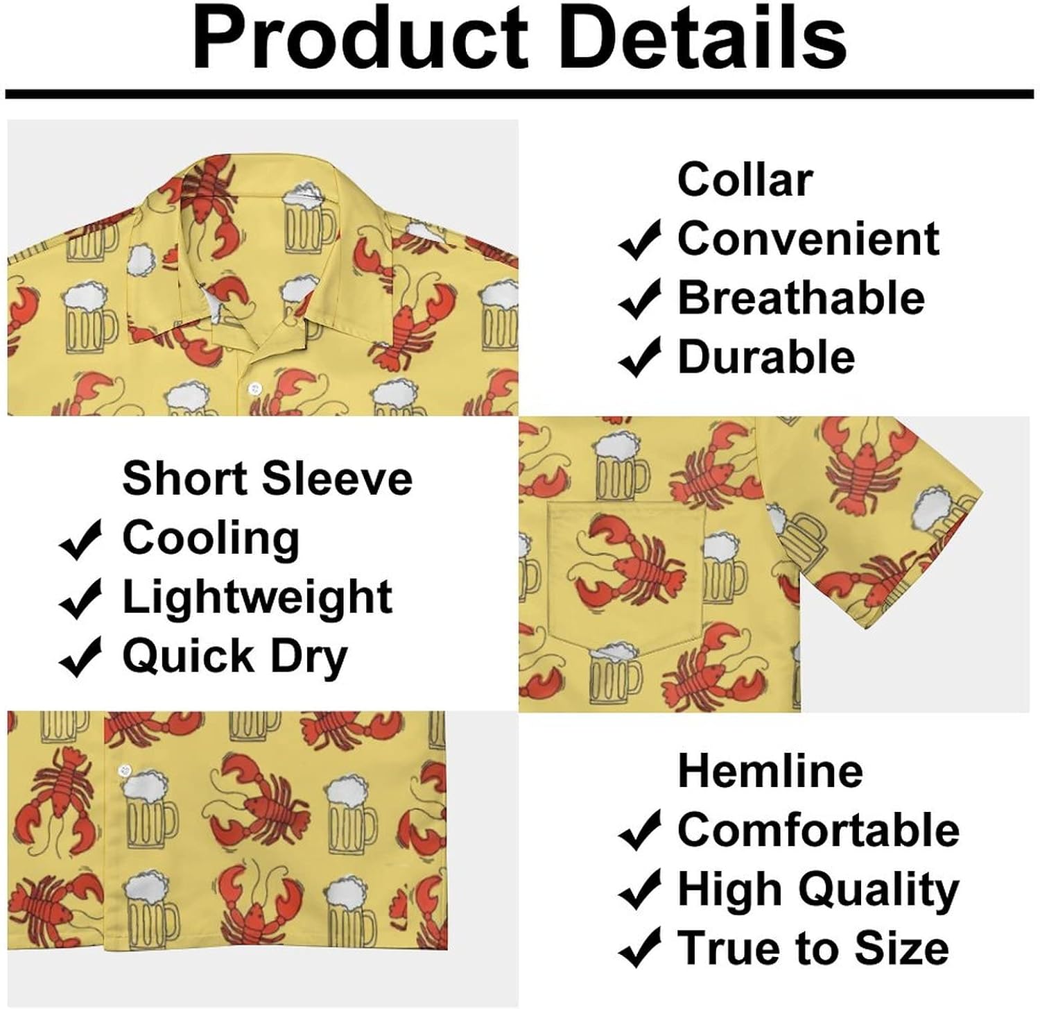 Men's Crawfish Shirts Novelty Button Up Shirt Beer Hawaiian Shirt Yellow XXXL - Image 6