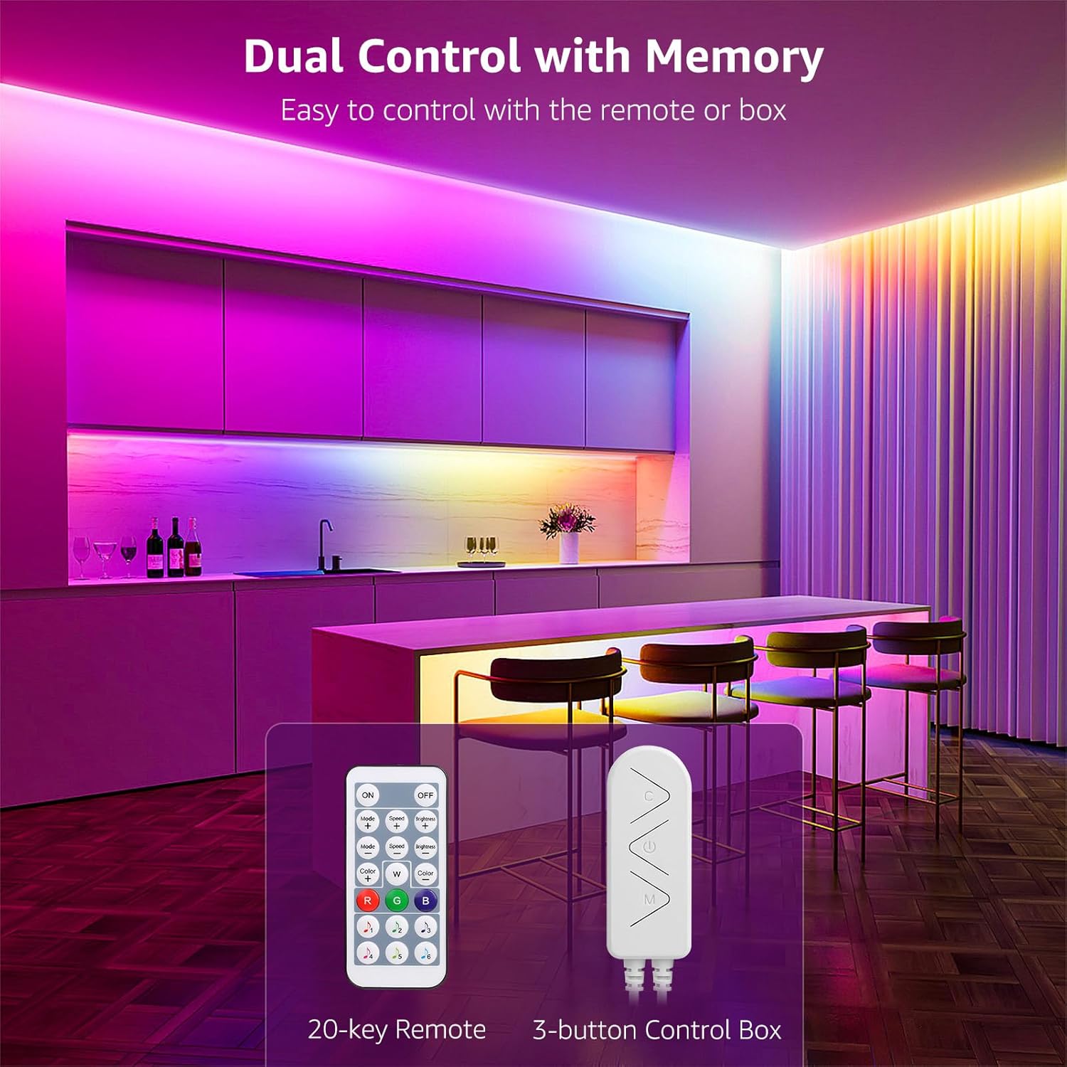Image showing the 20-key remote control and the 3-button control box for dual control of the LED strip lights.