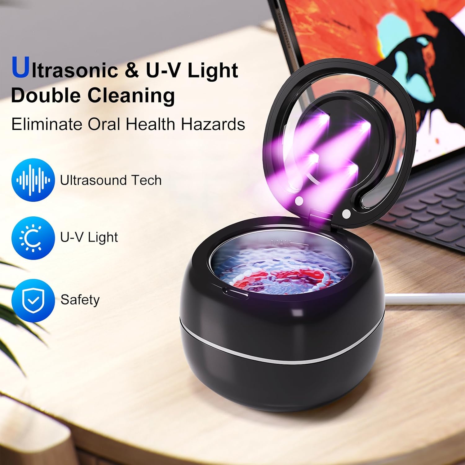 Ultrasonic Retainer Cleaner, Professional Retainer Cleaner Machine with Digital Timer, 180ML Portable Ultrasonic Jewelry Retainer Cleaner for Dentures, Aligner, Braces, Mouth Guard(Black-02)