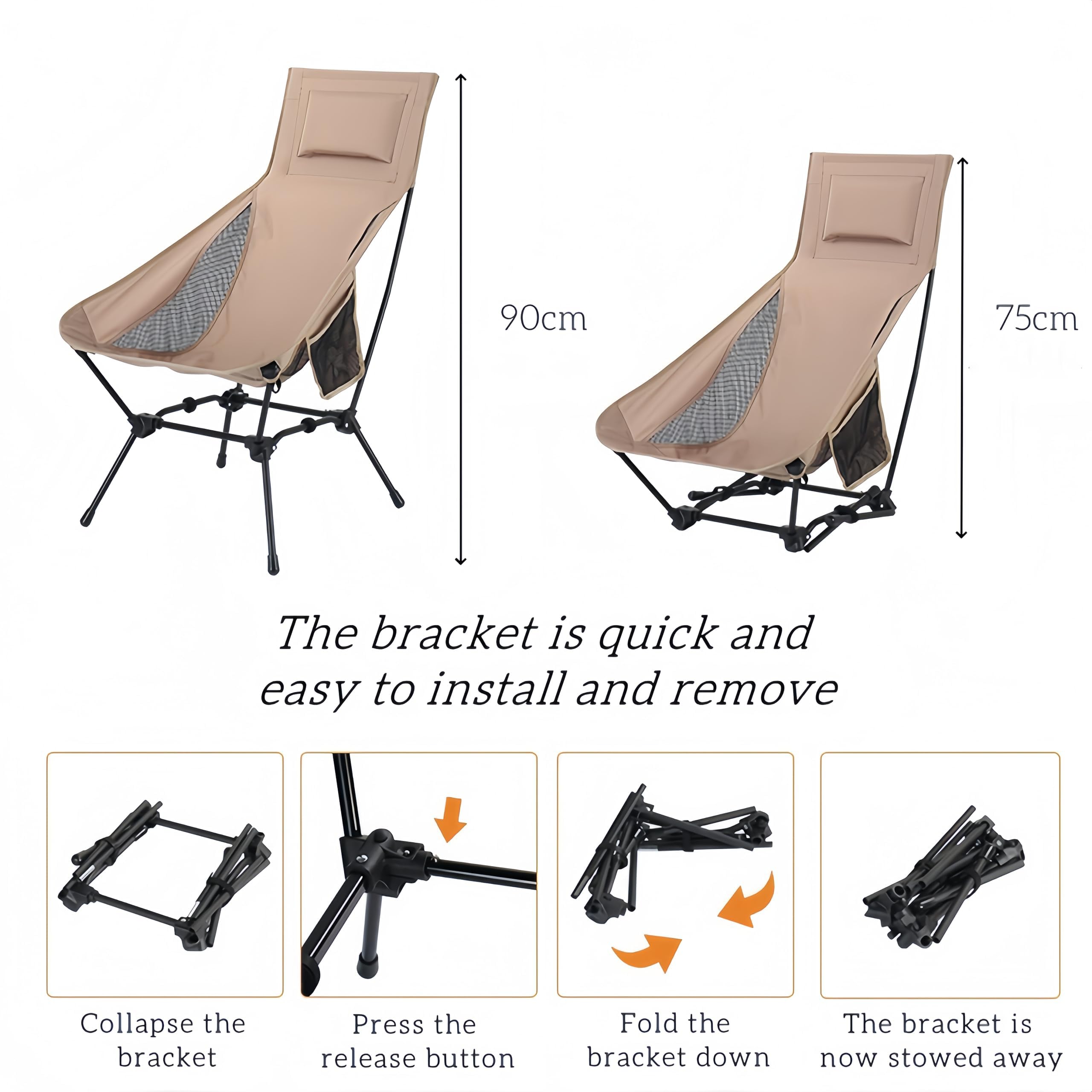 Sedia da Campeggio Pieghevole con Schienale Alto, Portata 120 kg, con 2 tasche laterali, sedia da campeggio ultraleggera e portatile, per Campeggio, Pesca, Picnic, Festival