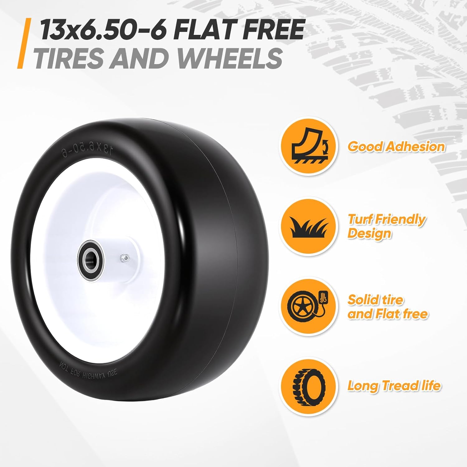13x6.50-6 Flat Free Lawn Mower Tires and Wheels, 1/2" 3/4" 5/8" Ball Bearings, 13x6.5x6 Zero Turn Mower Front Tires, Smooth Tires for Commercial Grade Lawn, 5.5"-7.5" Centered Hub, 2 Pack