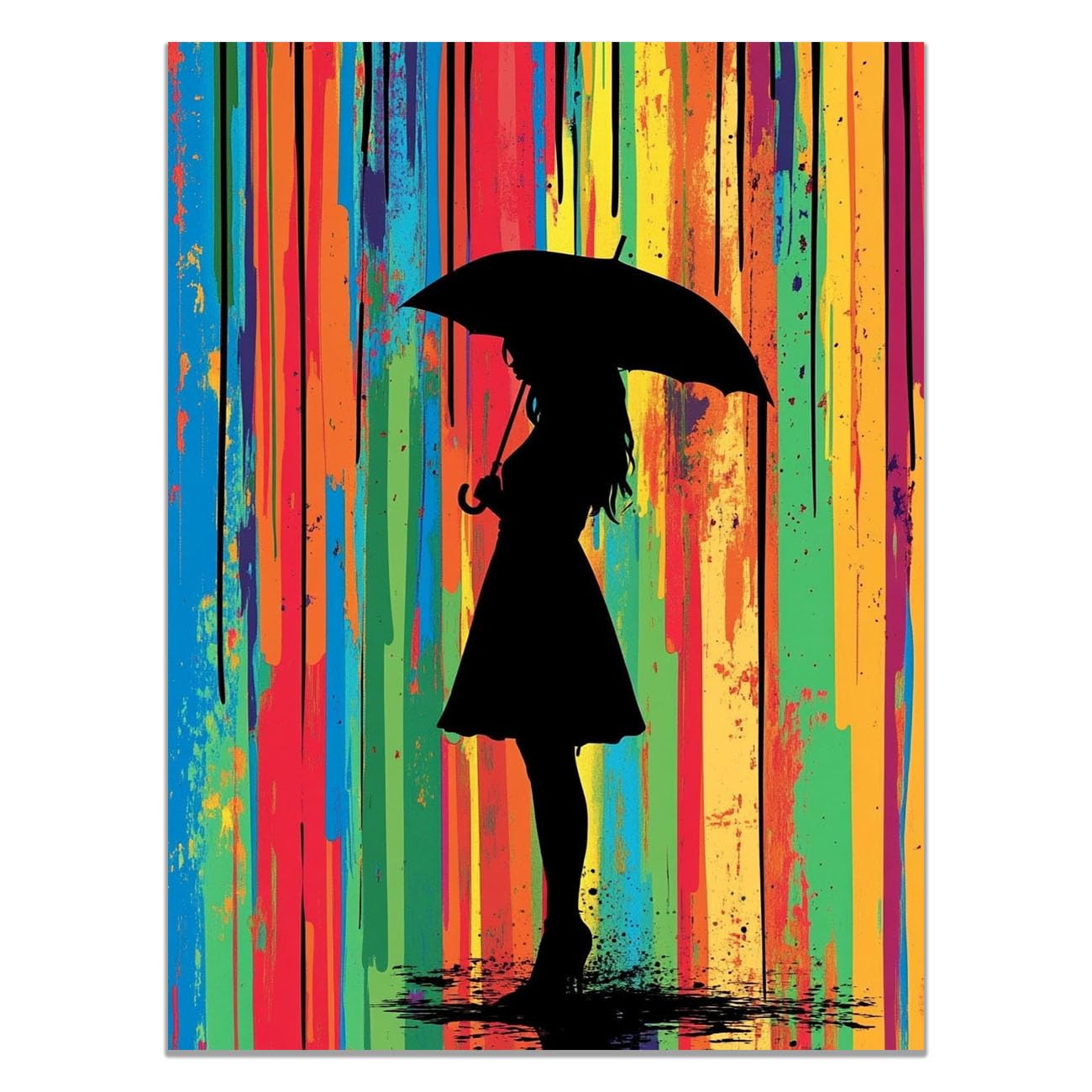 QUSAAOU Fashion Portrait Canvas Wall Art Woman Umbrella Against Colorful Rain Background For Living Room Bedroom African American Decor For Home Afro Woman Poster And Prints -80x120cm Unframed