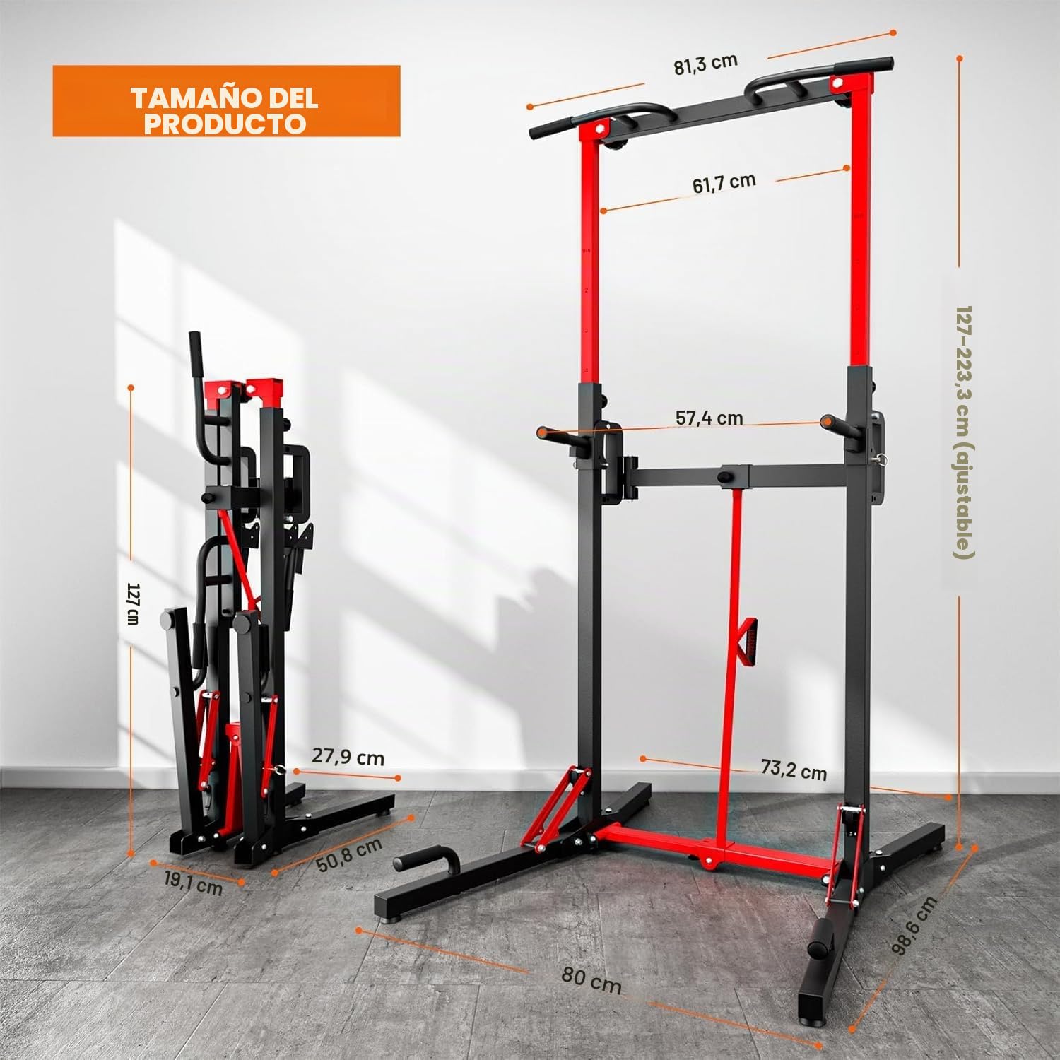 ONETWOFIT Power Tower Plegable Estación de Fondos, Barra de Dominadas para Gimnasio en casa, Altura Regulable Estación de Entrenamiento, Fitness Dip Station Pull-up (Negro-5)
