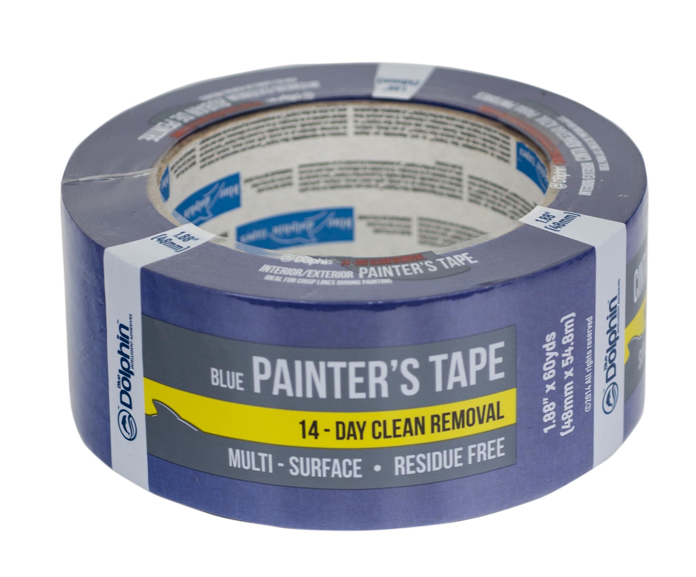 Blue Dolphin Blue Painter's Tape, 1.88 in. x 60 yds., Easy-Tear Painter’s Tape, Medium Tack, Solvent-Free, Ideal for Drywall, Painted Walls, Woodwork, Glass, Plastic and More