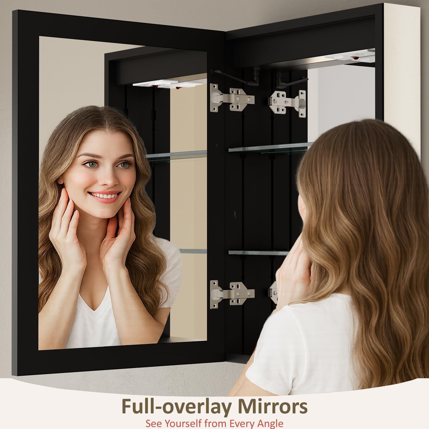 14x24 Inch Medicine Cabinet with Lights, Recessed or Surface Mount Bathroom LED Medicine Cabinet with Mirror, Anti-Fog, Adjustable Shelf, Dimmable Light, Outlets & USB,ETL Listed, Left Hinge,Black