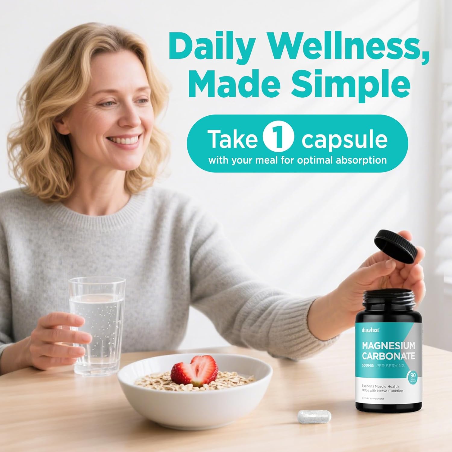 duwhot Magnesium Carbonate 500mg, High Absorption Supplement for Digestive Health, Muscle & Nerve Function, 3 Month Supply, Vegan, Non-GMO, Gluten-Free, 90 Capsules