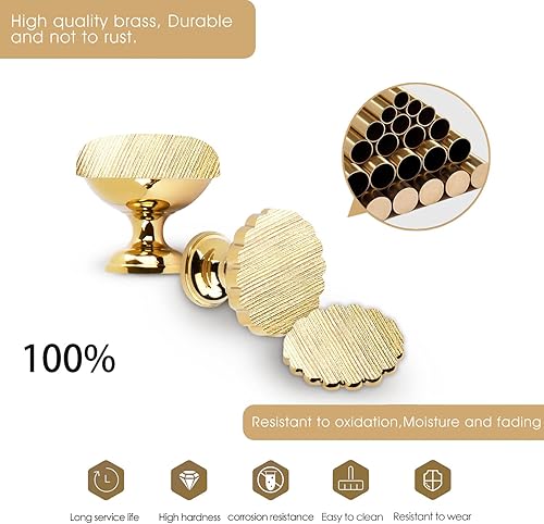 Miniatura 3 de Paquete de 5 tiradores de gabinete de oro pulido, pomos de puerta de latón macizo para cajón de cocina, 1.15 pulgadas de diámetro, manijas modernas