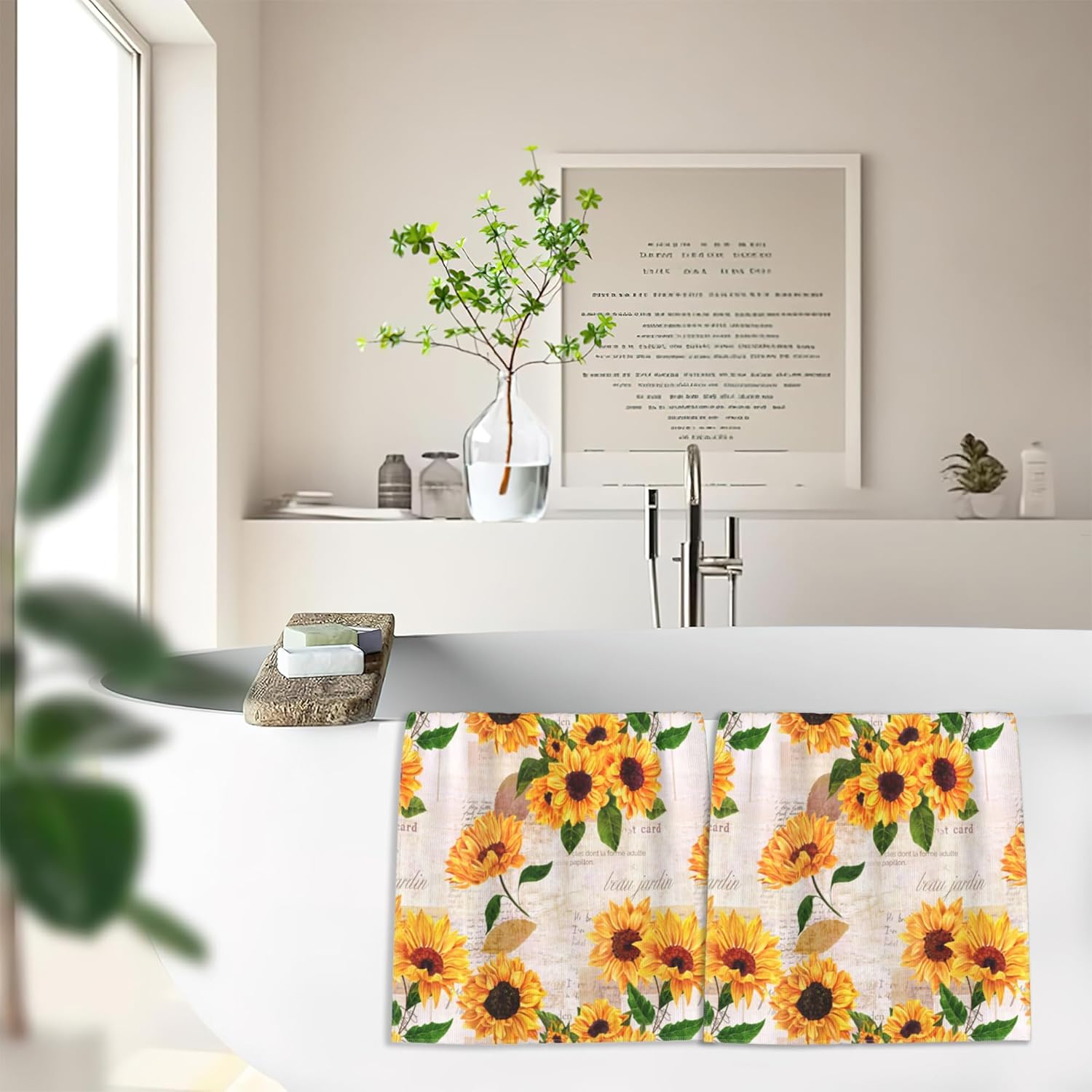 Vintage Sunflower Hand Towels for Bathroom,Yellow Flower Hand Bath Towels Soft Absorbent Dish Towels for Kitchen Bathroom Gym Beach Decorative Towels,Set of 2 - Image 5