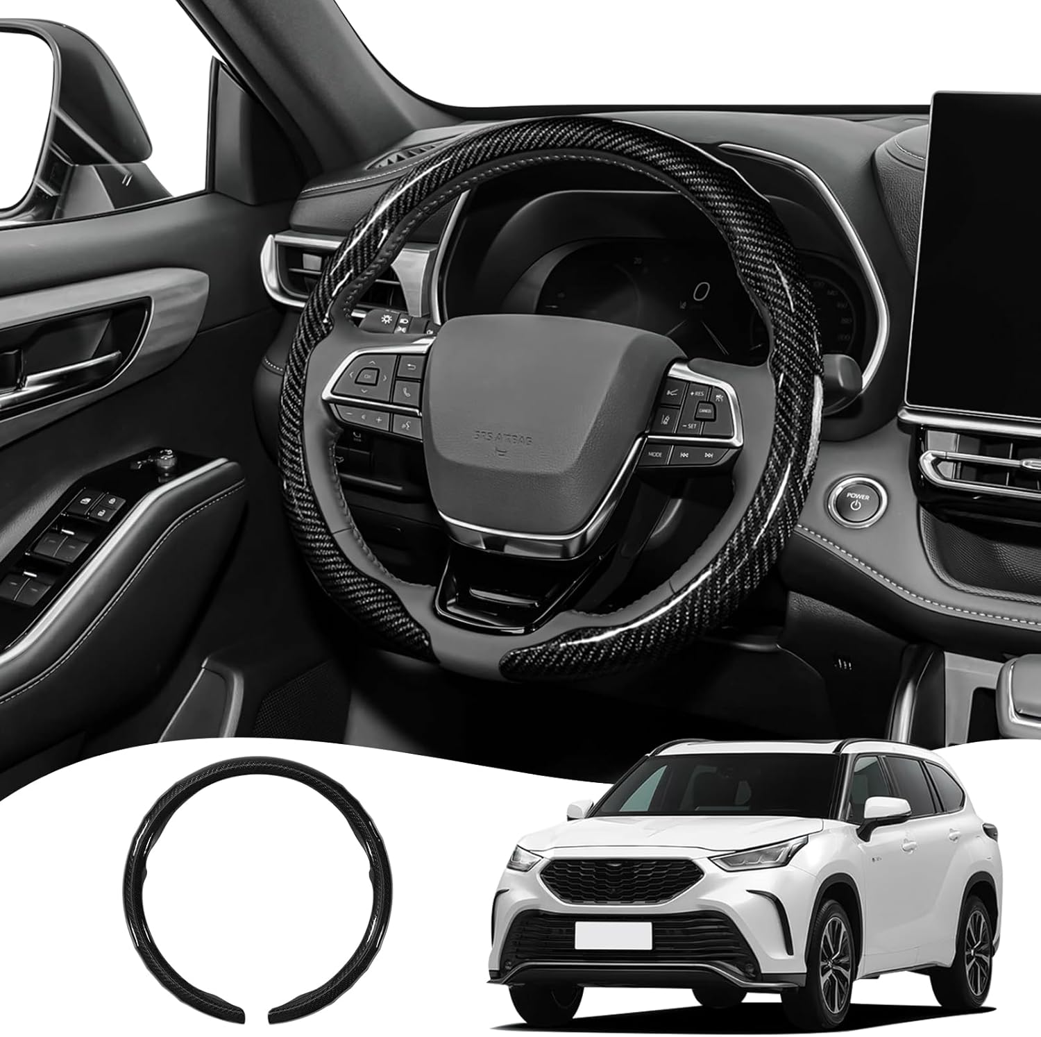 Car Steering Wheel Cover - Integrated Carbon Fiber Pattern Protective Sleeve with Hub Cap Anti-Slip Design - Fits 99% of Models Suitable for 14-16 Inch Sedans, SUVs, and Trucks Interior Accessories