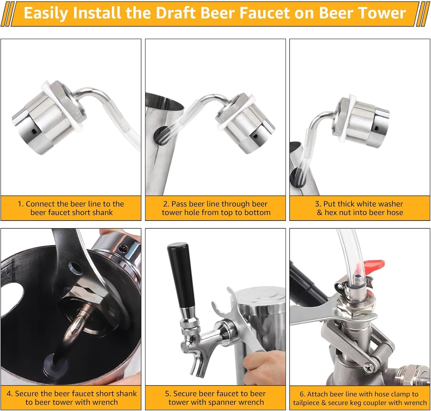 All Stainless Steel Draft Beer Shank Faucet Beer Tower Faucet Kit, 1/4” Beer Barb Fitting Self-closing Beer Tap Kegerator Tower Replacement Kit for 3/16” Beer Line Tubing with Hose Clamp Wrench