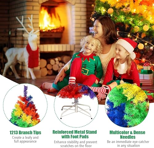 Miniatura 6 de Goplus Árbol de Navidad artificial colorido arcoíris de 7 pies, árbol de Navidad con bisagras de abeto completo con 1213 puntas de rama, soporte de