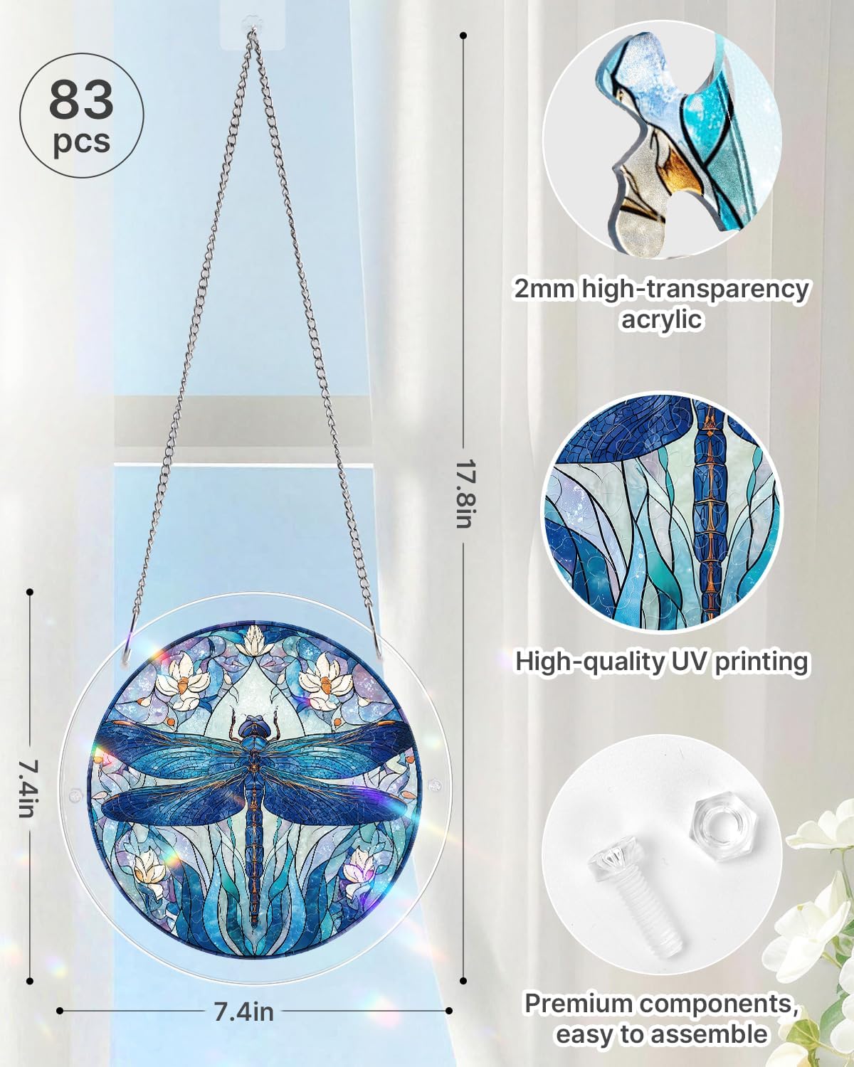 KaayeeWood Acrylic Suncatcher Puzzle, Unique Moonlit Dragonfly Acrylic Sun Catcher Puzzle Kit for Doors Garden and Window Hanging, DIY Suncatcher Kits for Adults, 8.2 in