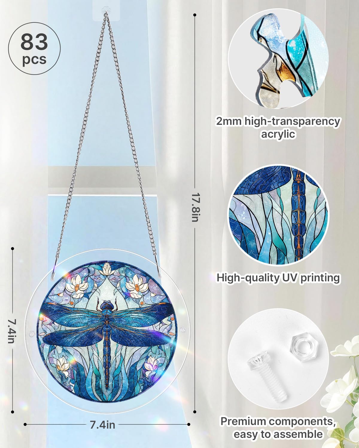 Acrylic Puzzle for Adult, Colorful Moonlit Dragonfly Sun Catchers Window Hanging Panel 83 Pieces Puzzle SunCatchers for Home Decor Birthday Women Men Mom 7.36 in — view 3