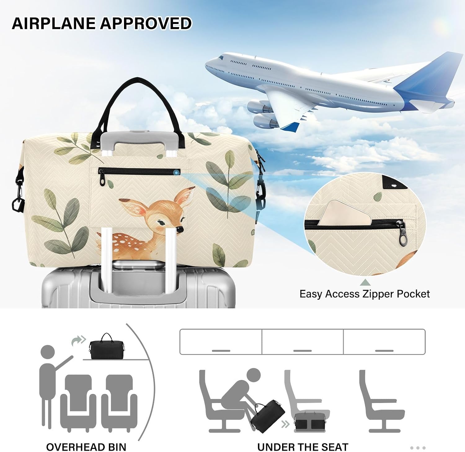 Travel Duffle Bag, Baby Deer and Green Leaves Gym Bag with Storage Bag Weekender Overnight Bag for Men Women Trip Sports Yoga