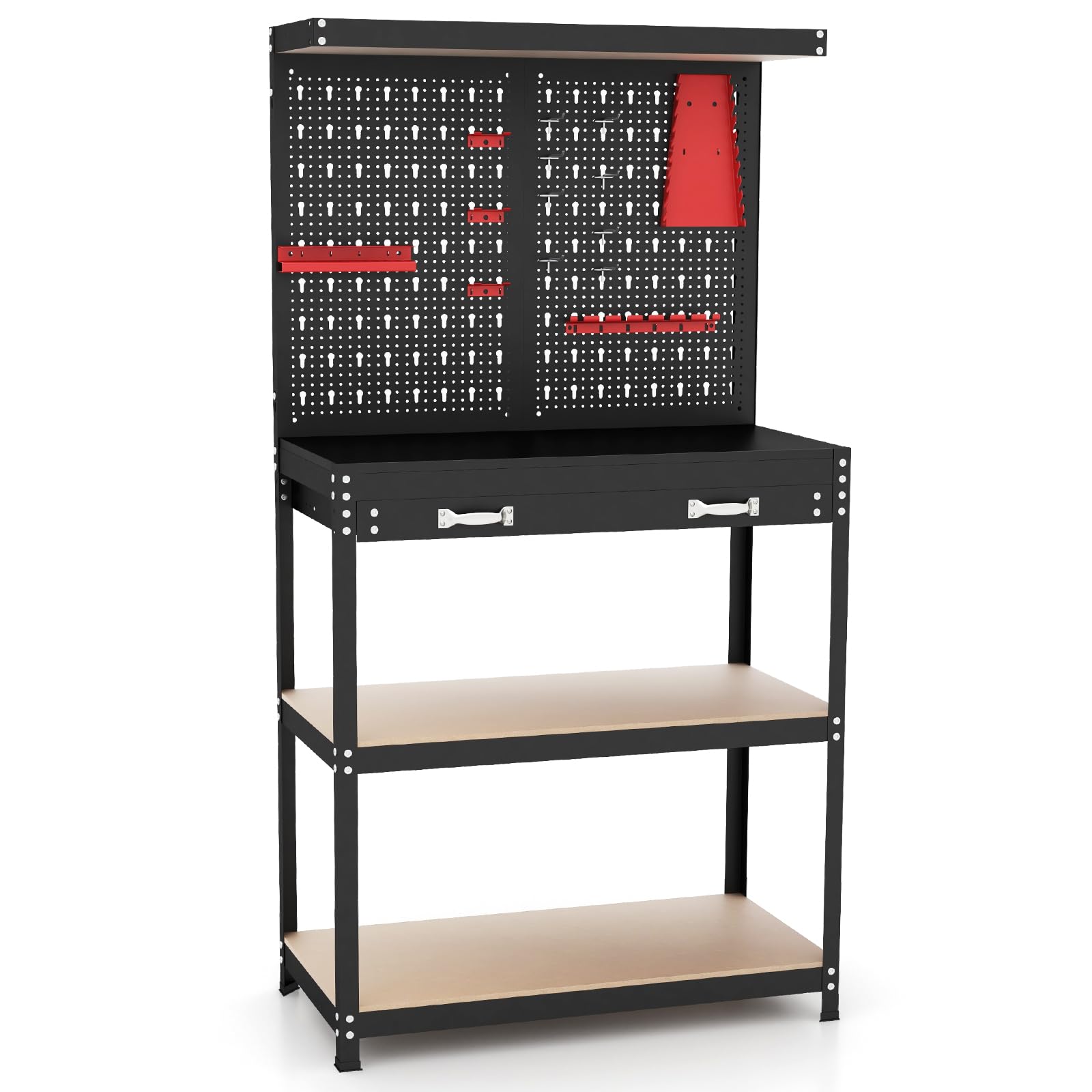 IRONMAX Banco da lavoro con cassetto, organizer per postazioni di lavoro resistente da 81 cm, con 14 kit da appendere, 2 ripiani e grande cassetto, tavolo da lavoro per garage, casa, officina, negozio
