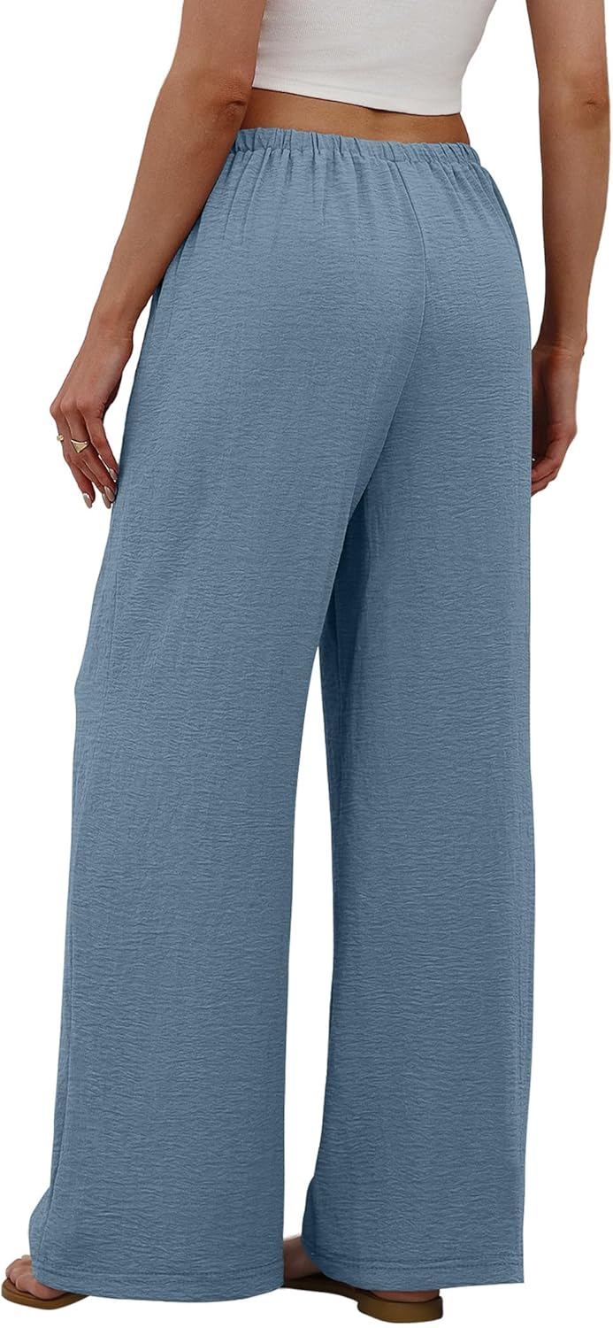 Sampeel Wide Leg Pants for Women Flowy Palazzo Drawstring Elastic Waist Trousers with Pockets Summer Beach Vacation Clothes - Image 5