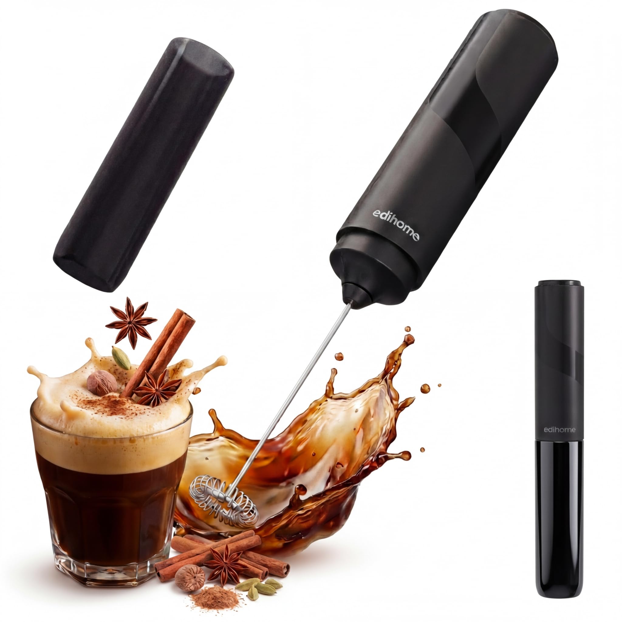 edihome, Espumador de Leche, Eléctrico, Milk Frother Portátil para Café, a Pilas, Batidor de Espuma para Cappuccino Latte, Matcha, Potente y Silencioso (Negro, A Pilas)