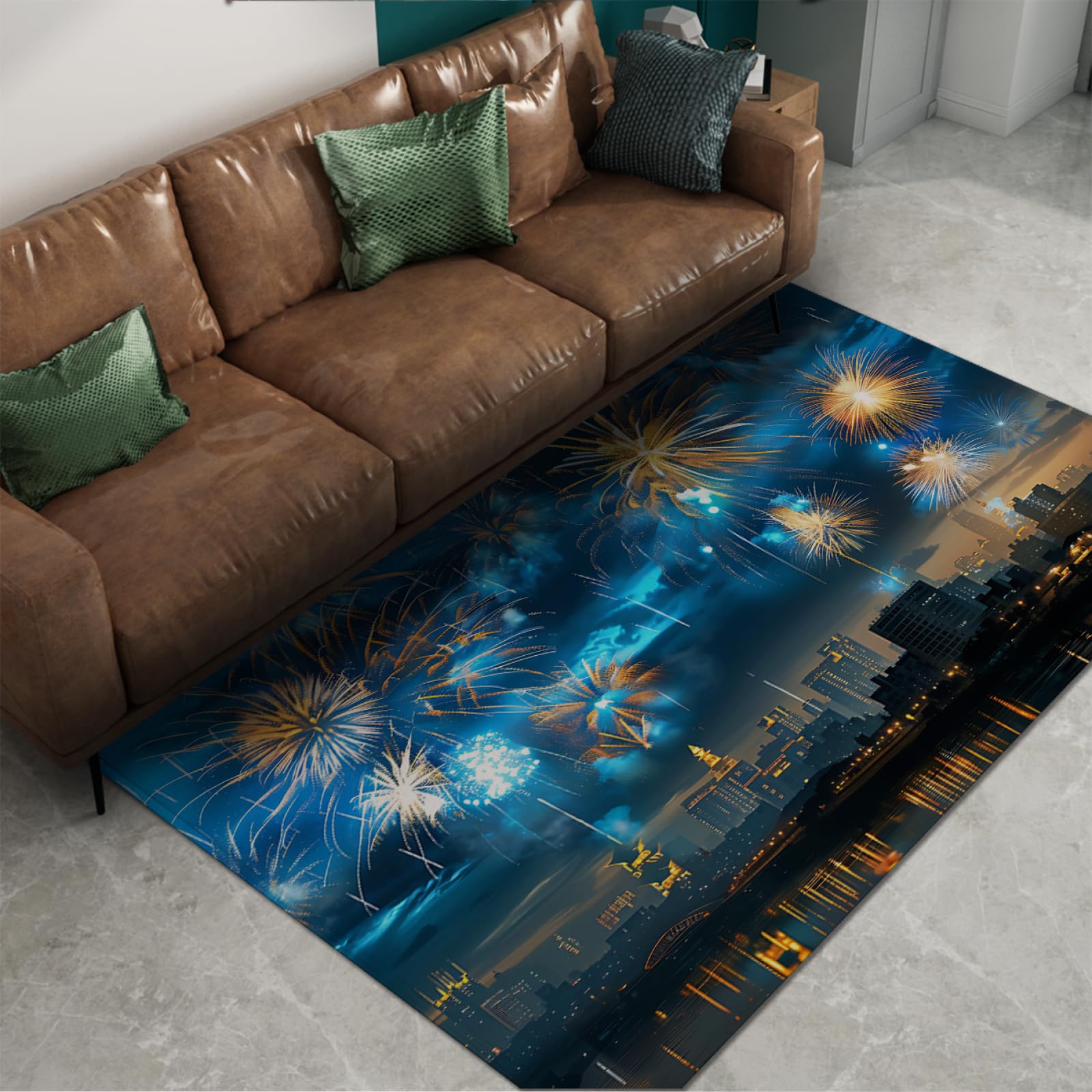 Tapis grands poils ras lavables bleu ciel feux d'artifice
