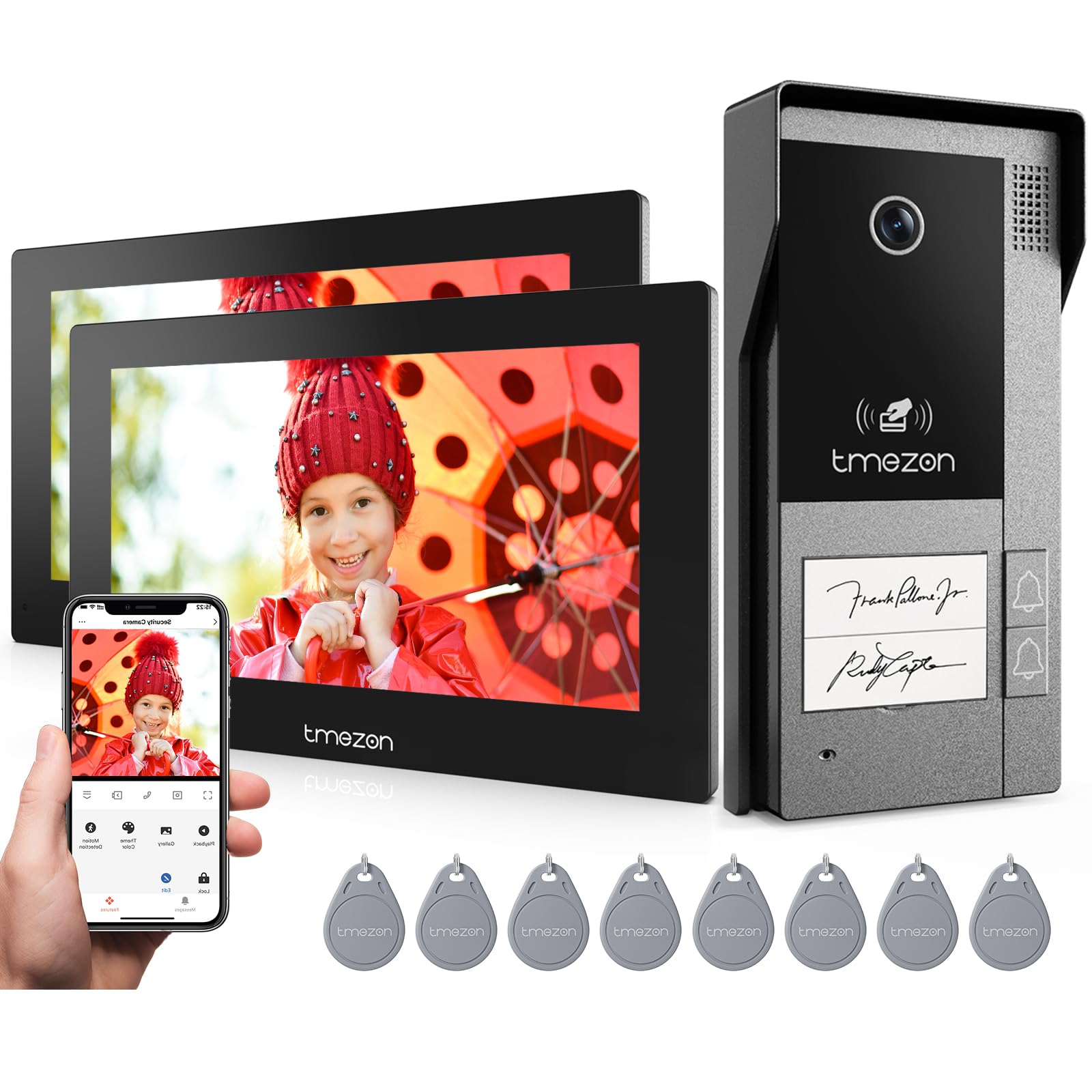 TMEZON Videoportero WiFi 2 Hilos,1080P Timbre Video Sistema Intercomunicador,Pantalla táctil IP de 7",Detección de Movimiento Humano,Desbloqueo por App/Tarjeta RFID,Grabación y reproducción,2 Familia