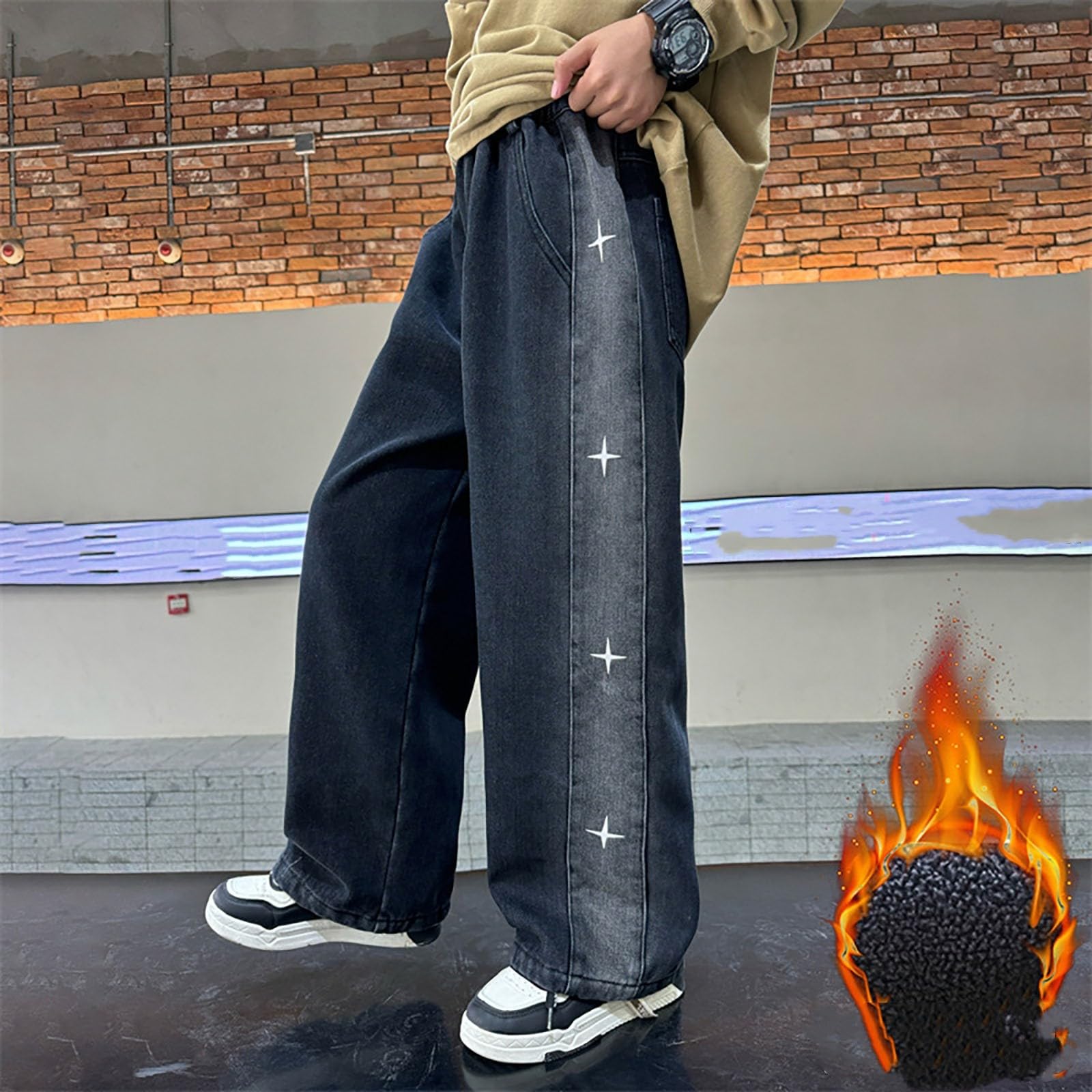 Vaqueros Baggy Niño, Pantalones Vaqueros de Invierno con Forro Polar para Niños Cálidos Informales Corte Holgado Pierna Recta Interiores Duraderos